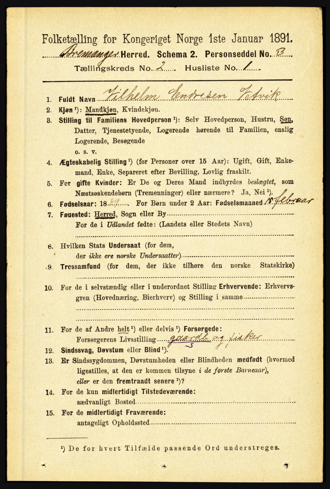 RA, 1891 census for 1438 Bremanger, 1891, p. 654