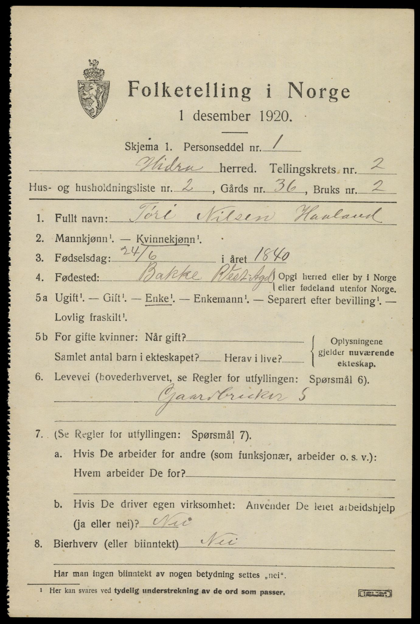 SAK, 1920 census for Hidra, 1920, p. 1166