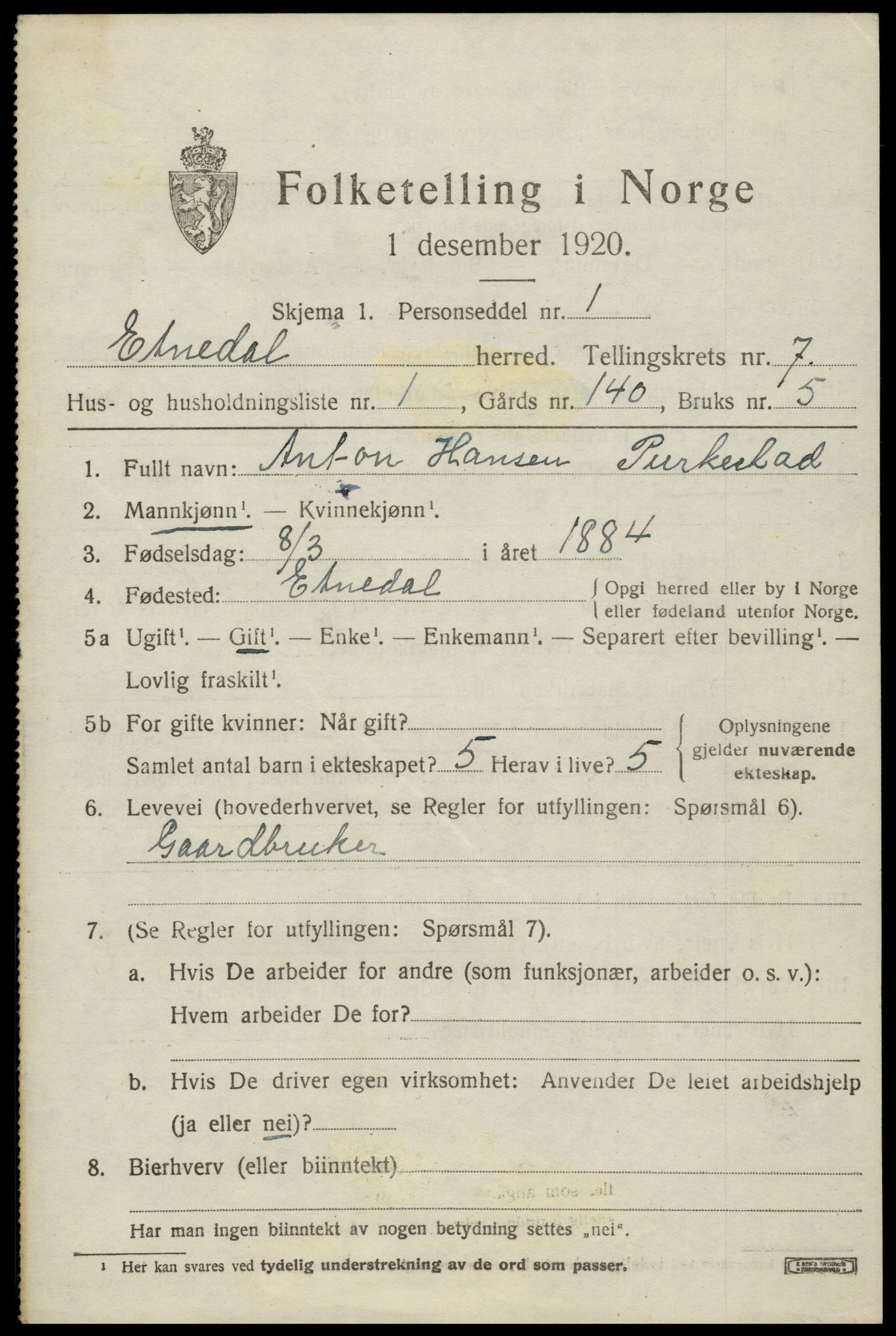 SAH, 1920 census for Etnedal, 1920, p. 2882