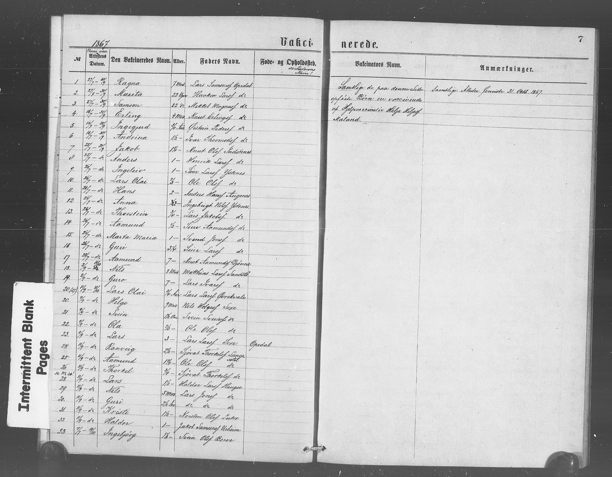 Ullensvang sokneprestembete, SAB/A-78701/H/Haa: Parish register (official) no. A 18, 1867-1867, p. 7