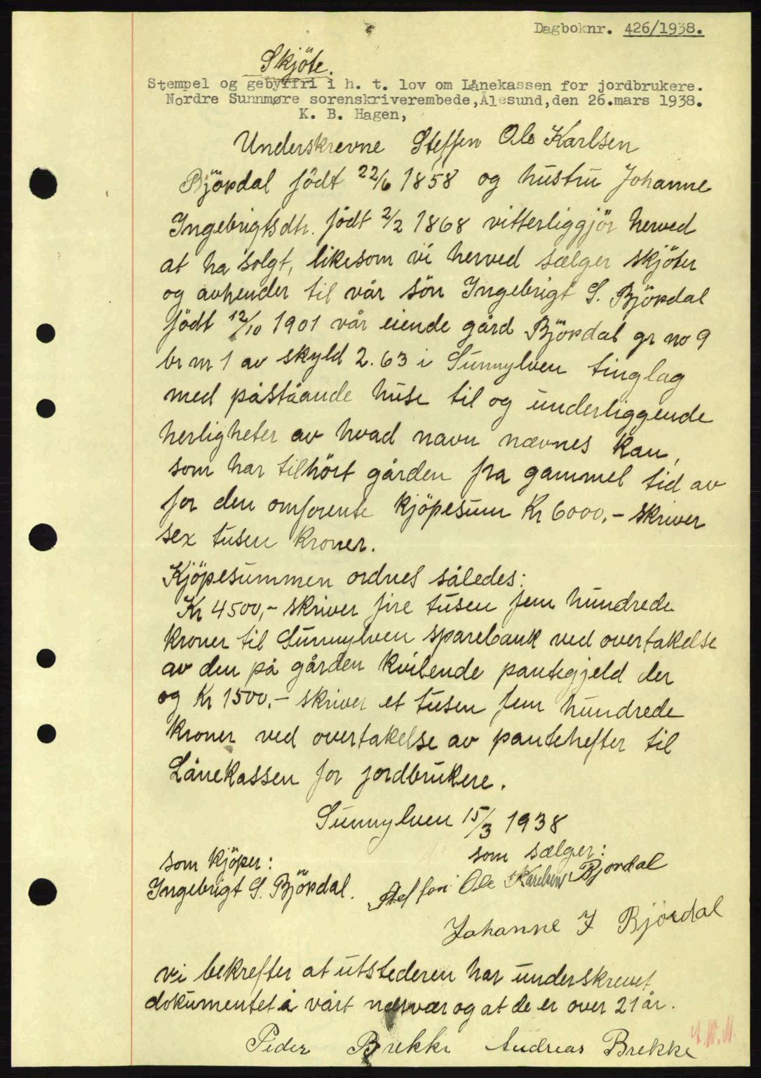 Nordre Sunnmøre sorenskriveri, AV/SAT-A-0006/1/2/2C/2Ca: Mortgage book no. A4, 1937-1938, Diary no: : 426/1938