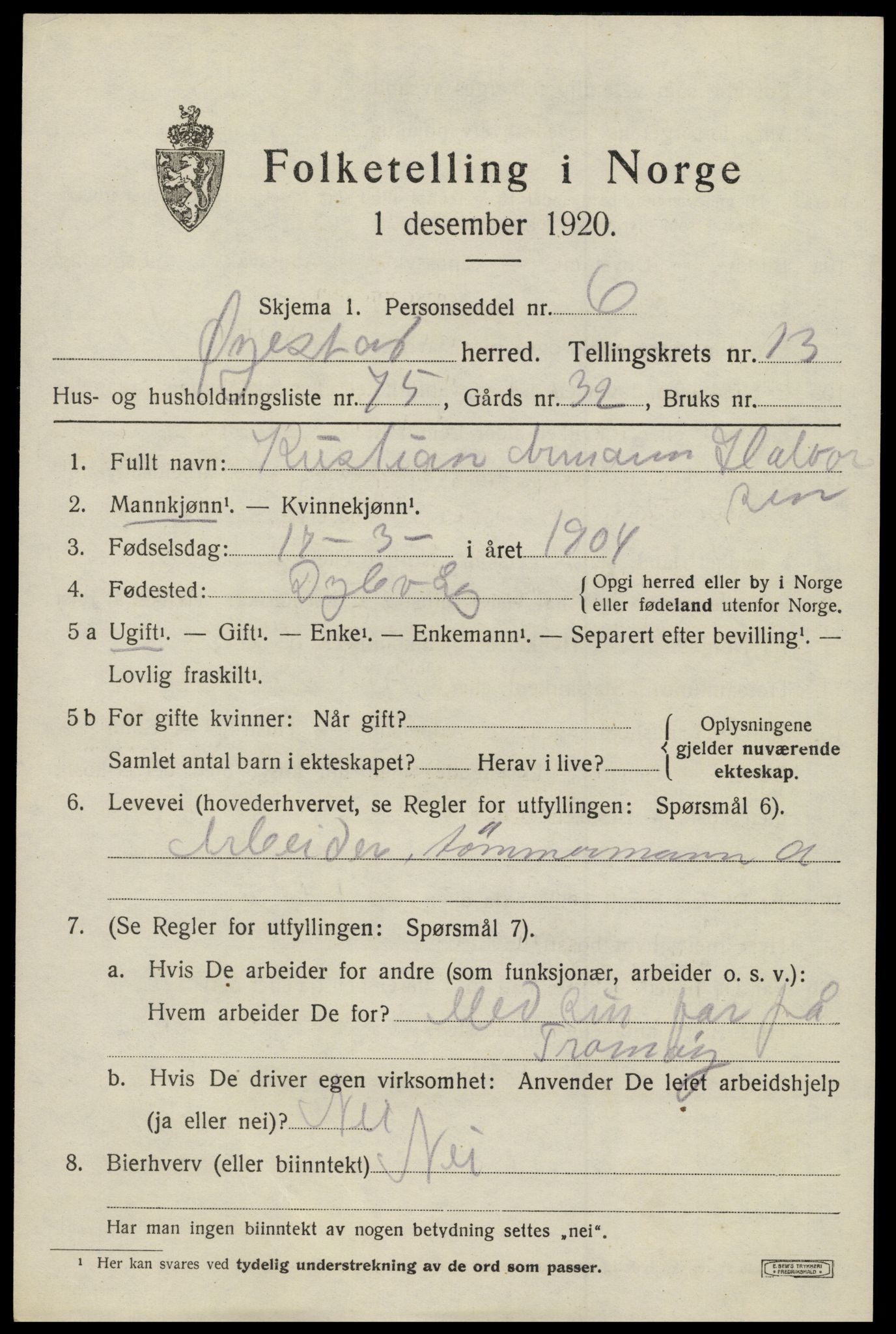 SAK, 1920 census for Øyestad, 1920, p. 8914