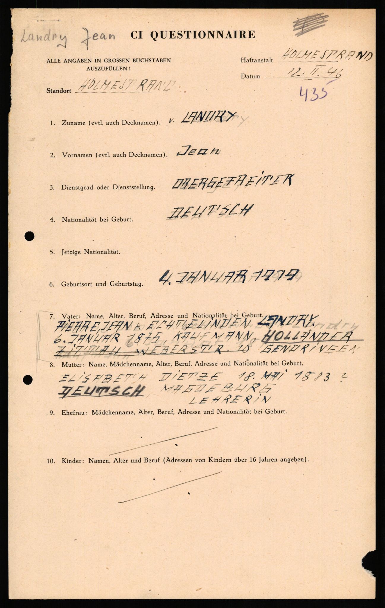 Forsvaret, Forsvarets overkommando II, AV/RA-RAFA-3915/D/Db/L0019: CI Questionaires. Tyske okkupasjonsstyrker i Norge. Tyskere., 1945-1946, p. 349