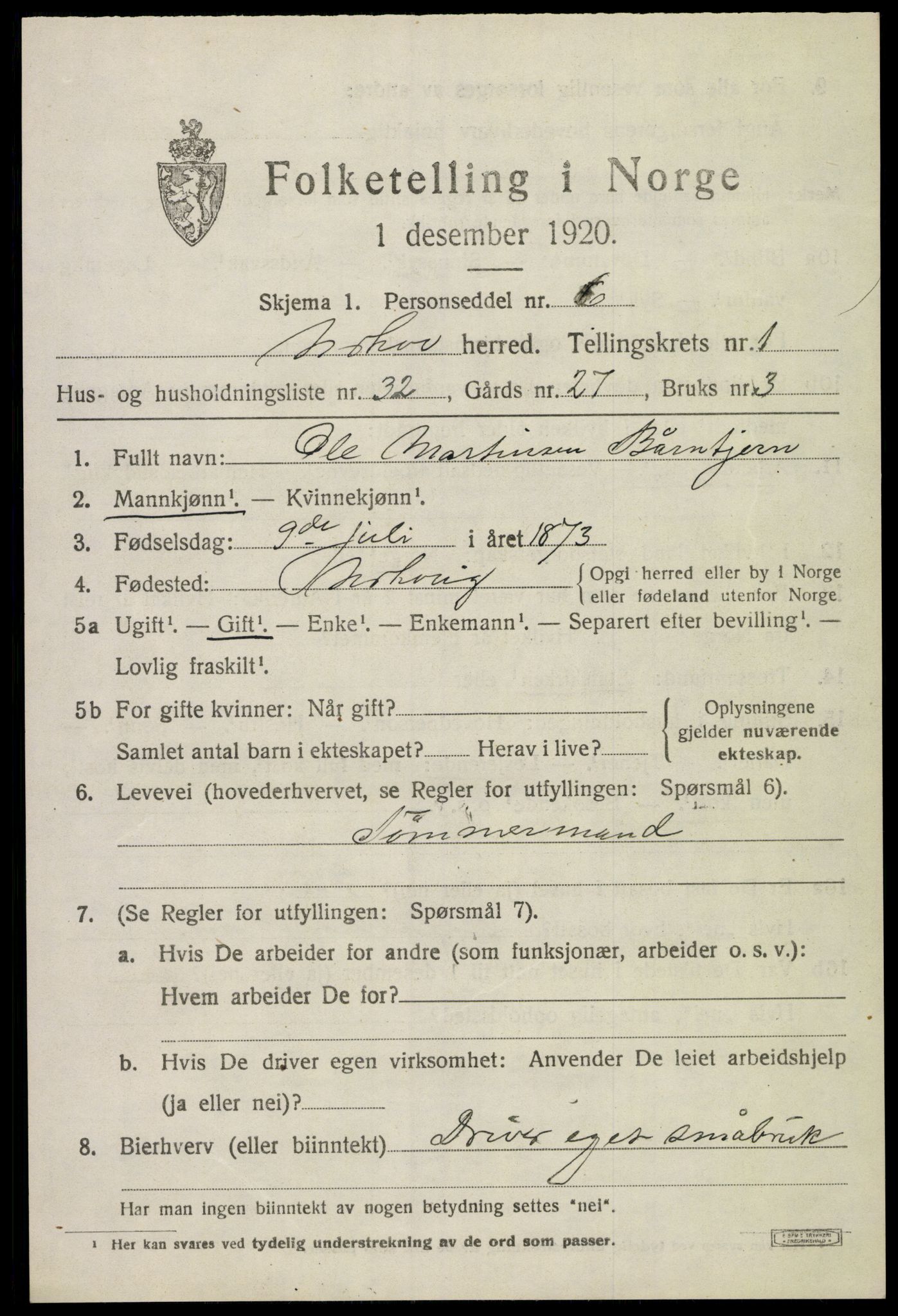 SAKO, 1920 census for Norderhov, 1920, p. 3854