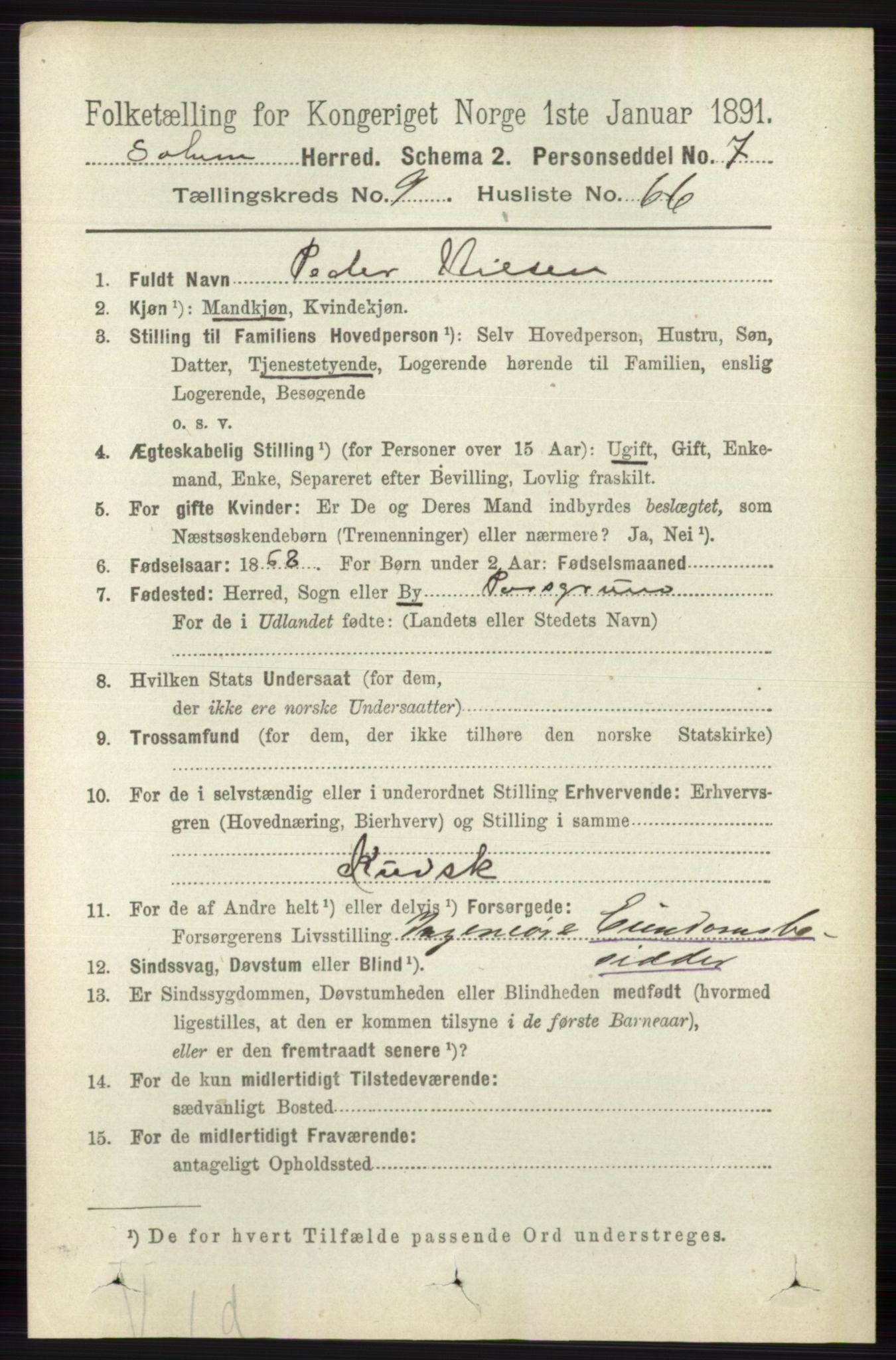 RA, 1891 census for 0818 Solum, 1891, p. 2425