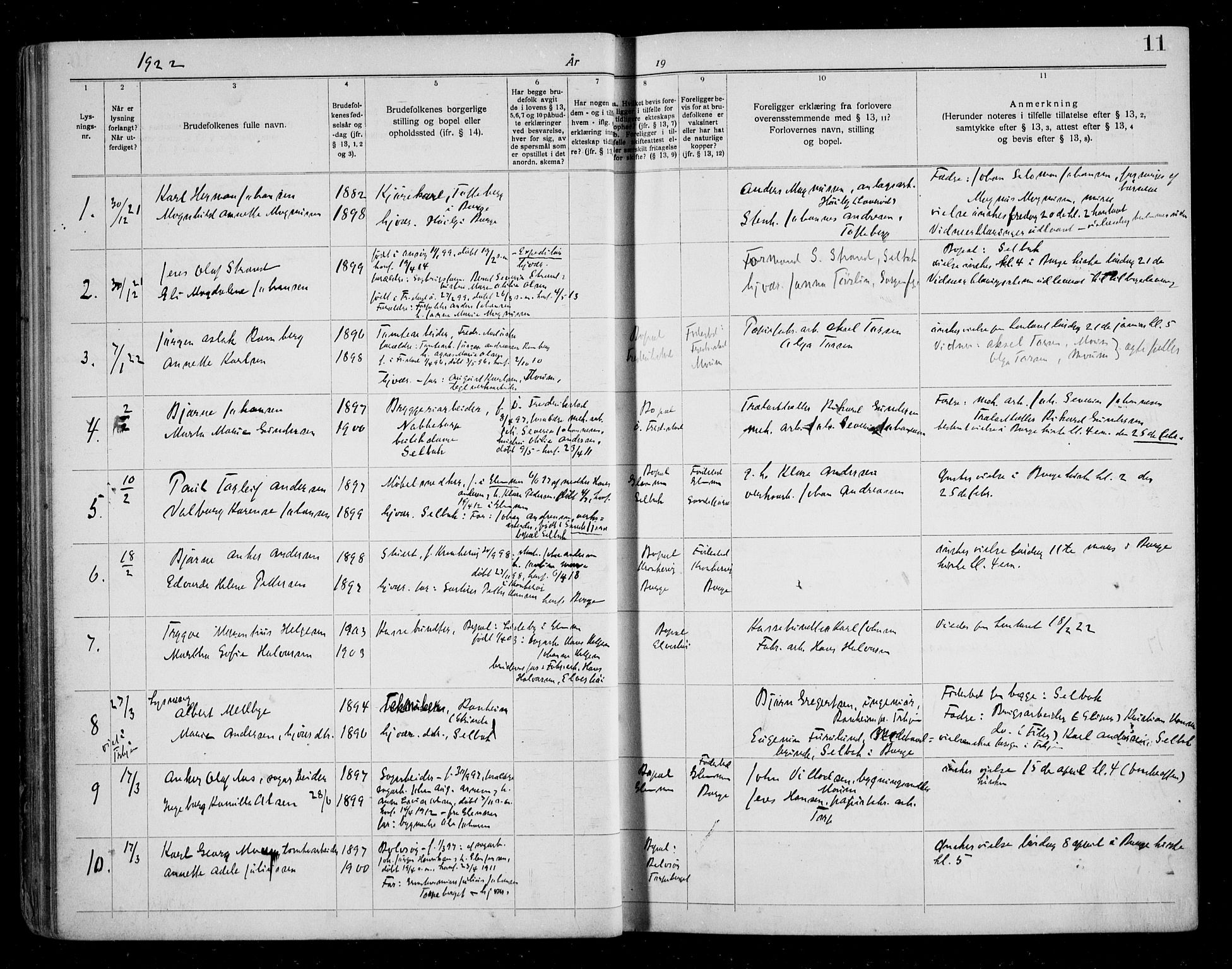 Borge prestekontor Kirkebøker, SAO/A-10903/H/Ha/L0001: Banns register no. I 1, 1919-1936, p. 11