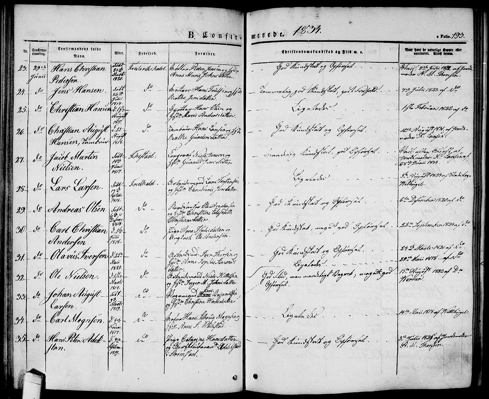 Halden prestekontor Kirkebøker, AV/SAO-A-10909/G/Ga/L0003: Parish register (copy) no. 3, 1834-1844, p. 193