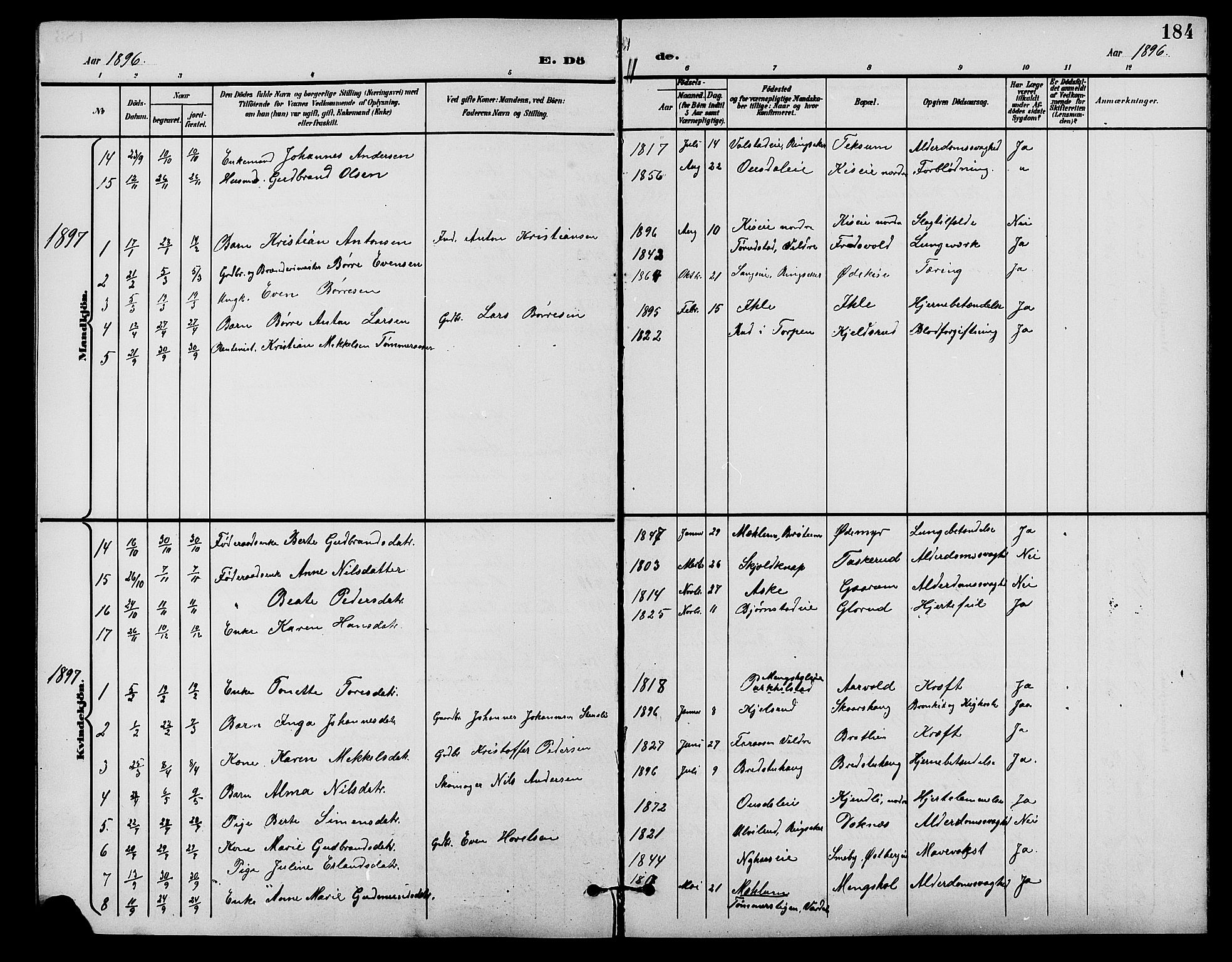 Nes prestekontor, Hedmark, SAH/PREST-020/L/La/L0007: Parish register (copy) no. 7, 1892-1912, p. 184