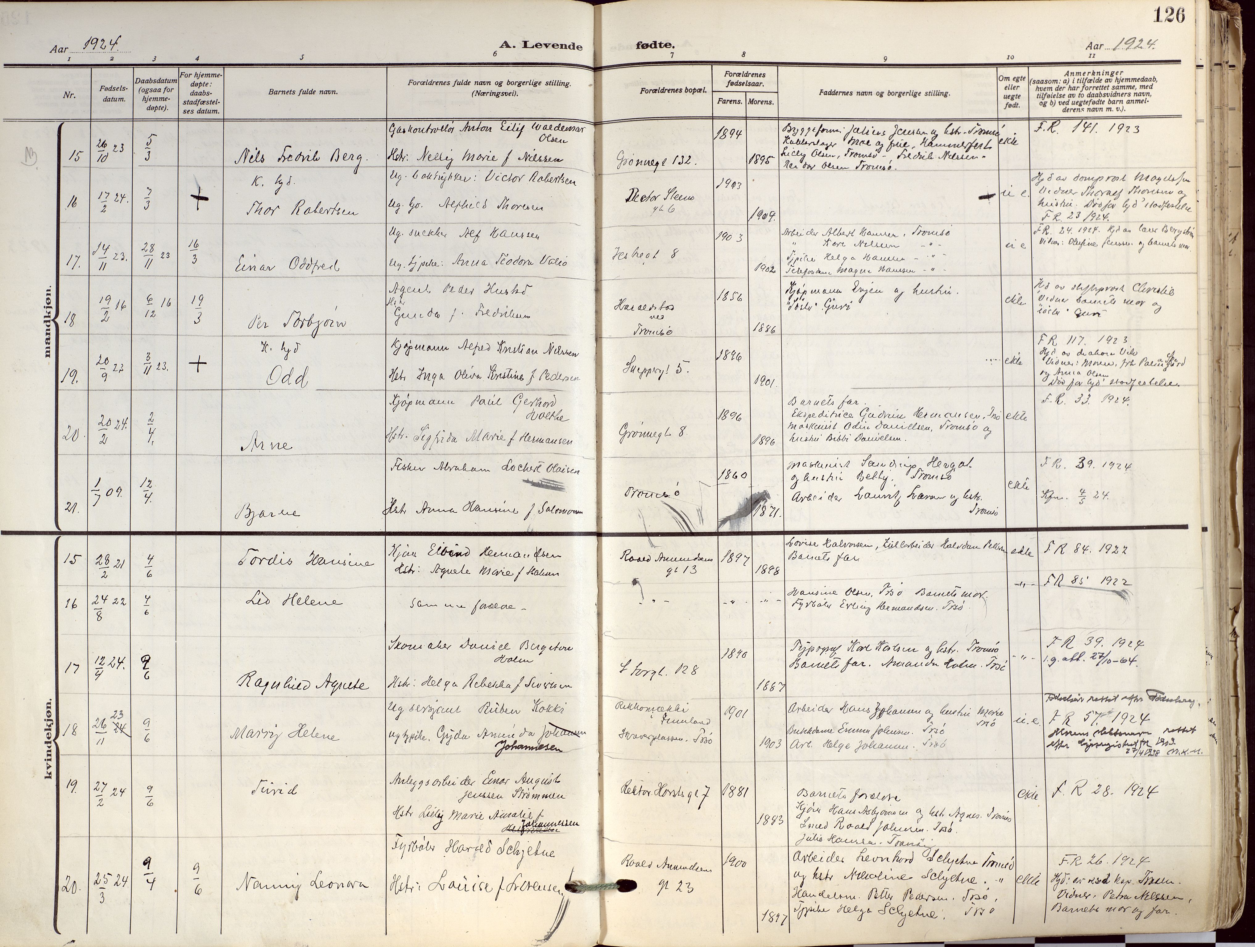 Tromsø sokneprestkontor/stiftsprosti/domprosti, AV/SATØ-S-1343/G/Ga/L0019kirke: Parish register (official) no. 19, 1917-1927, p. 126