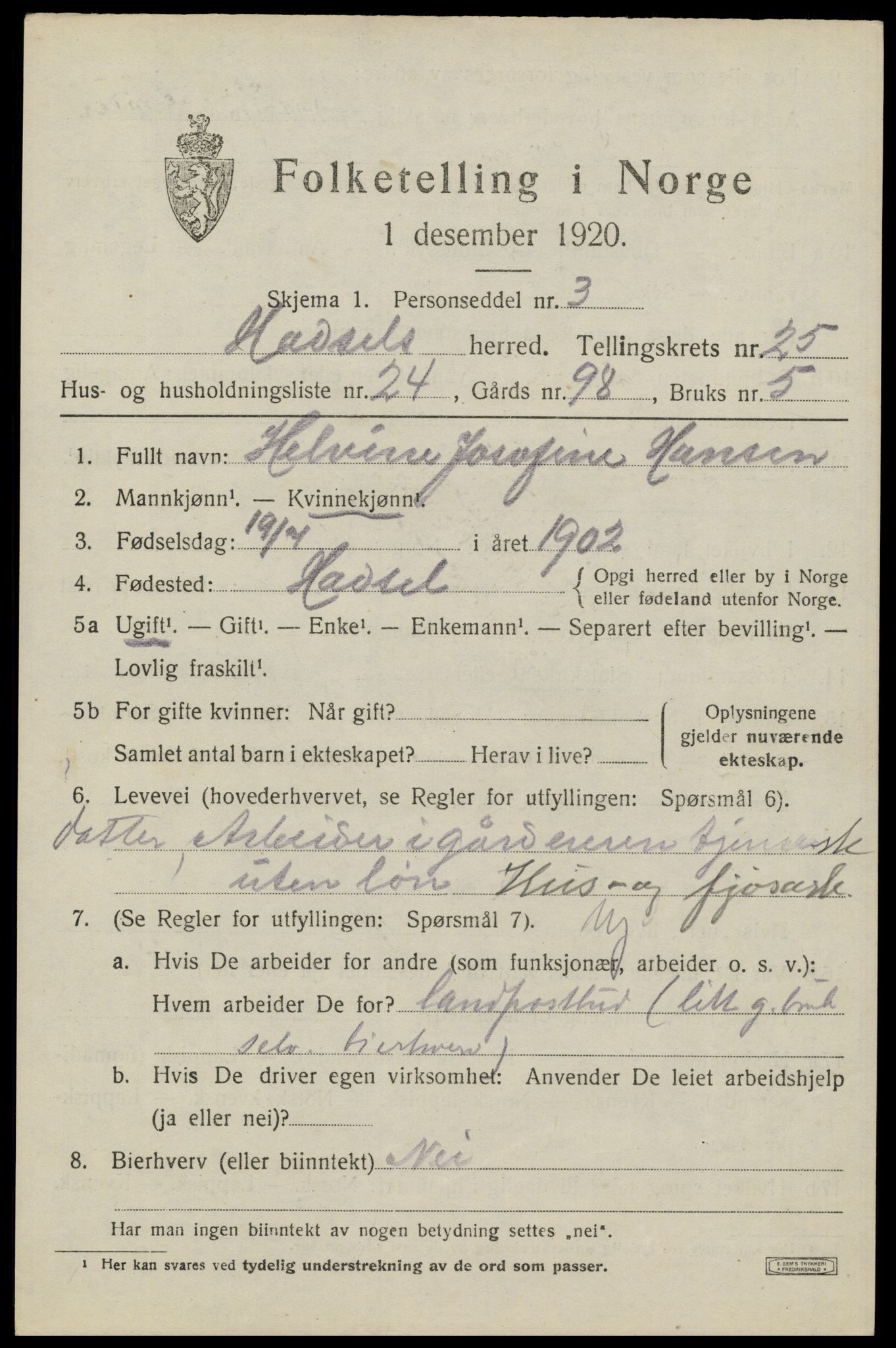 SAT, 1920 census for Hadsel, 1920, p. 22232