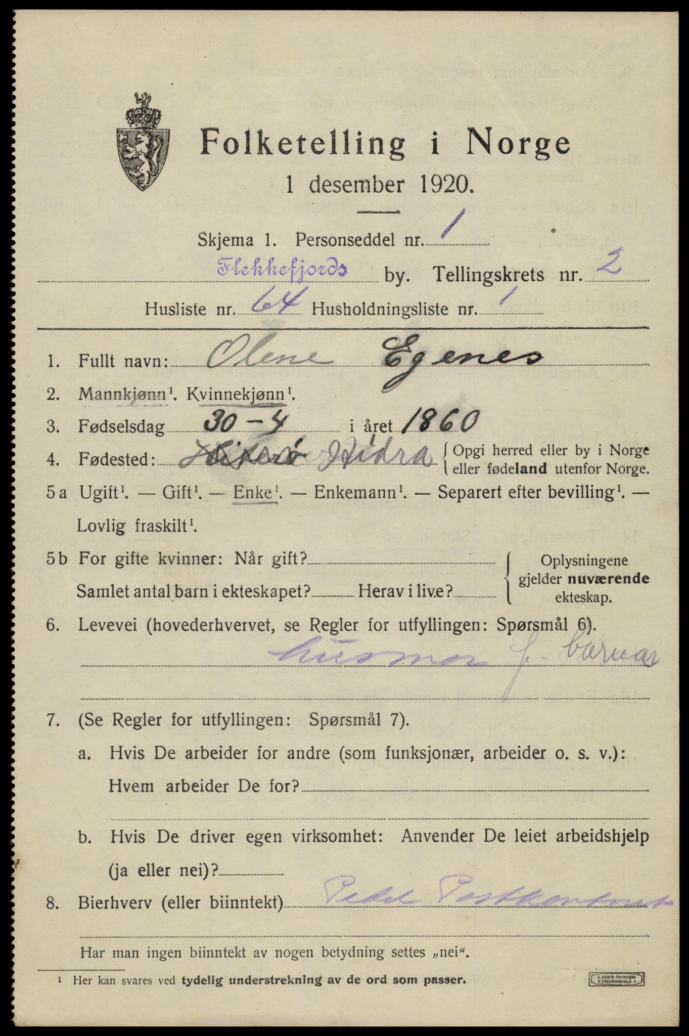 SAK, 1920 census for Flekkefjord, 1920, p. 3254