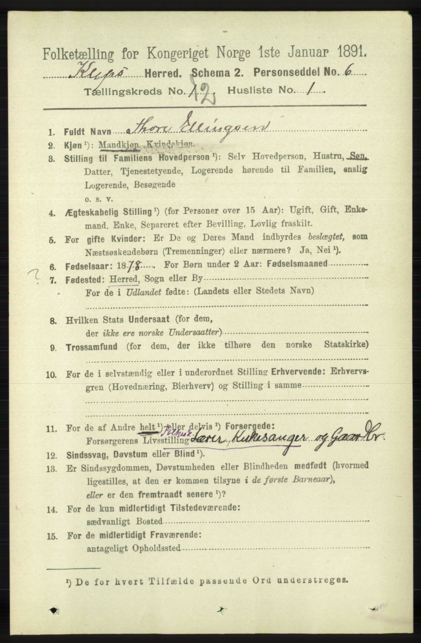 RA, 1891 census for 1120 Klepp, 1891, p. 364