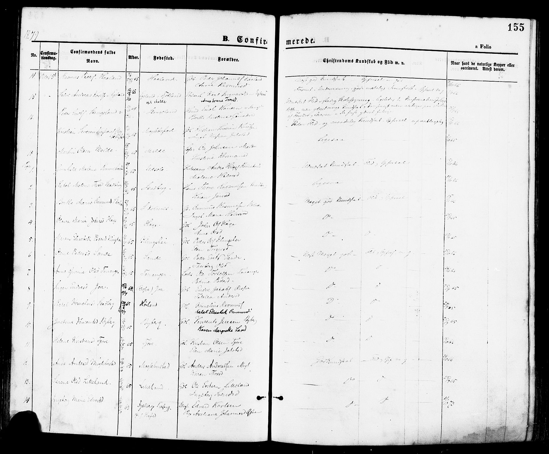 Håland sokneprestkontor, AV/SAST-A-101802/001/30BA/L0009: Parish register (official) no. A 8, 1871-1882, p. 155