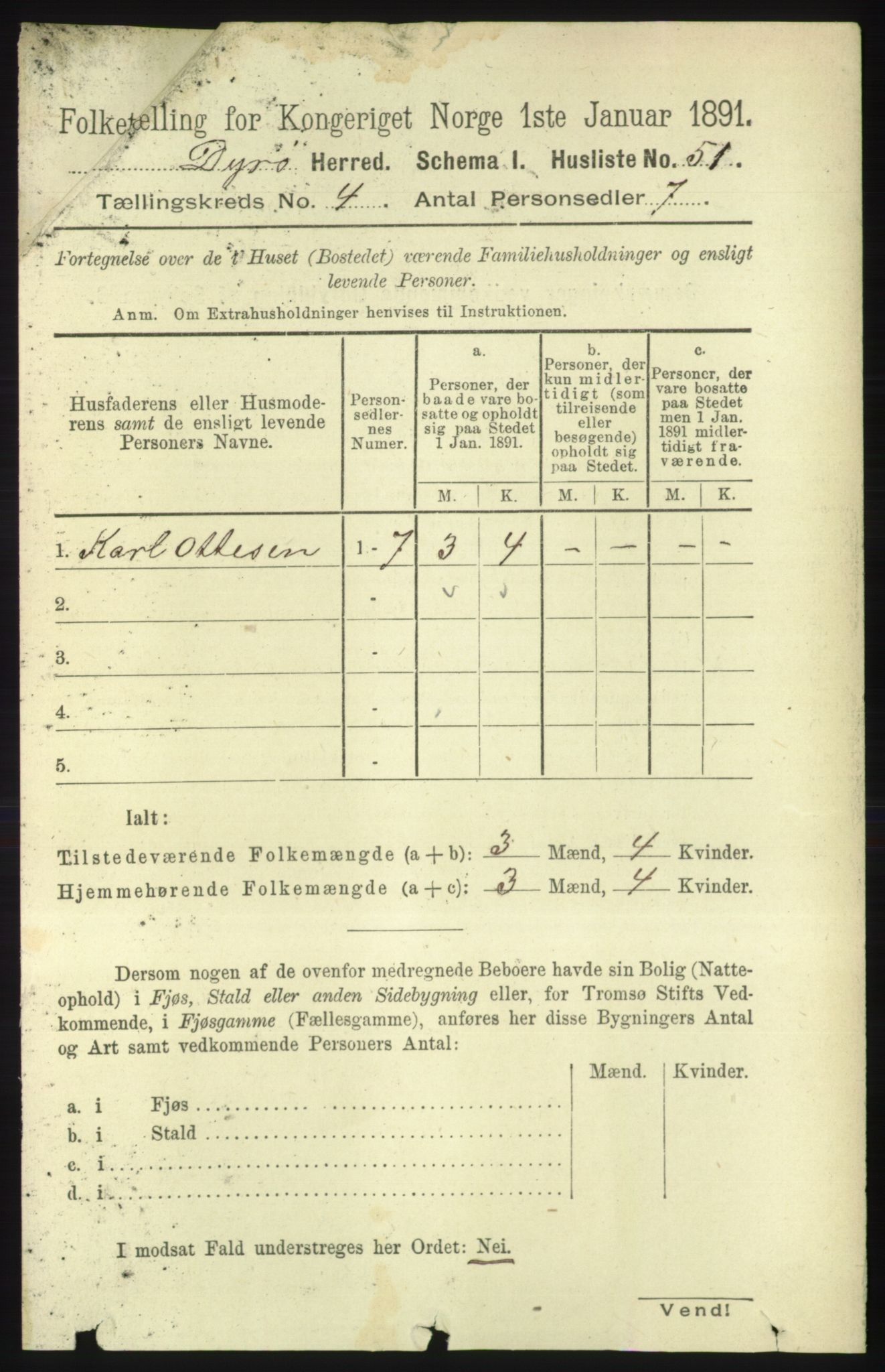 RA, 1891 census for 1926 Dyrøy, 1891, p. 1501