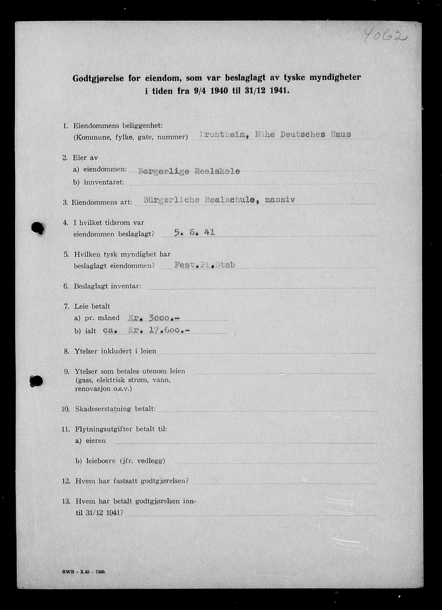 Justisdepartementet, Tilbakeføringskontoret for inndratte formuer, AV/RA-S-1564/I/L1018: Godtgjørelse for beslaglagt eiendom, 1940-1941, p. 9