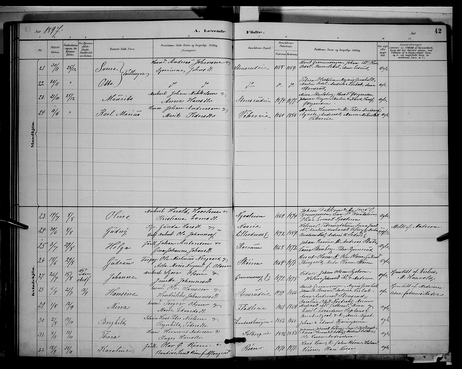 Søndre Land prestekontor, AV/SAH-PREST-122/L/L0003: Parish register (copy) no. 3, 1884-1902, p. 42