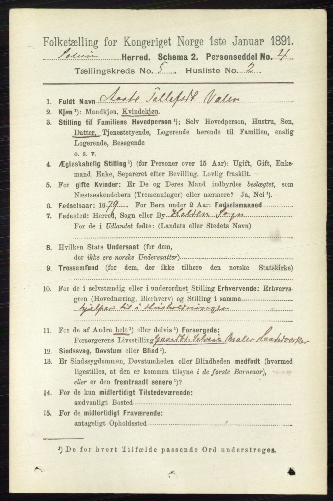 RA, 1891 census for 0818 Solum, 1891, p. 842