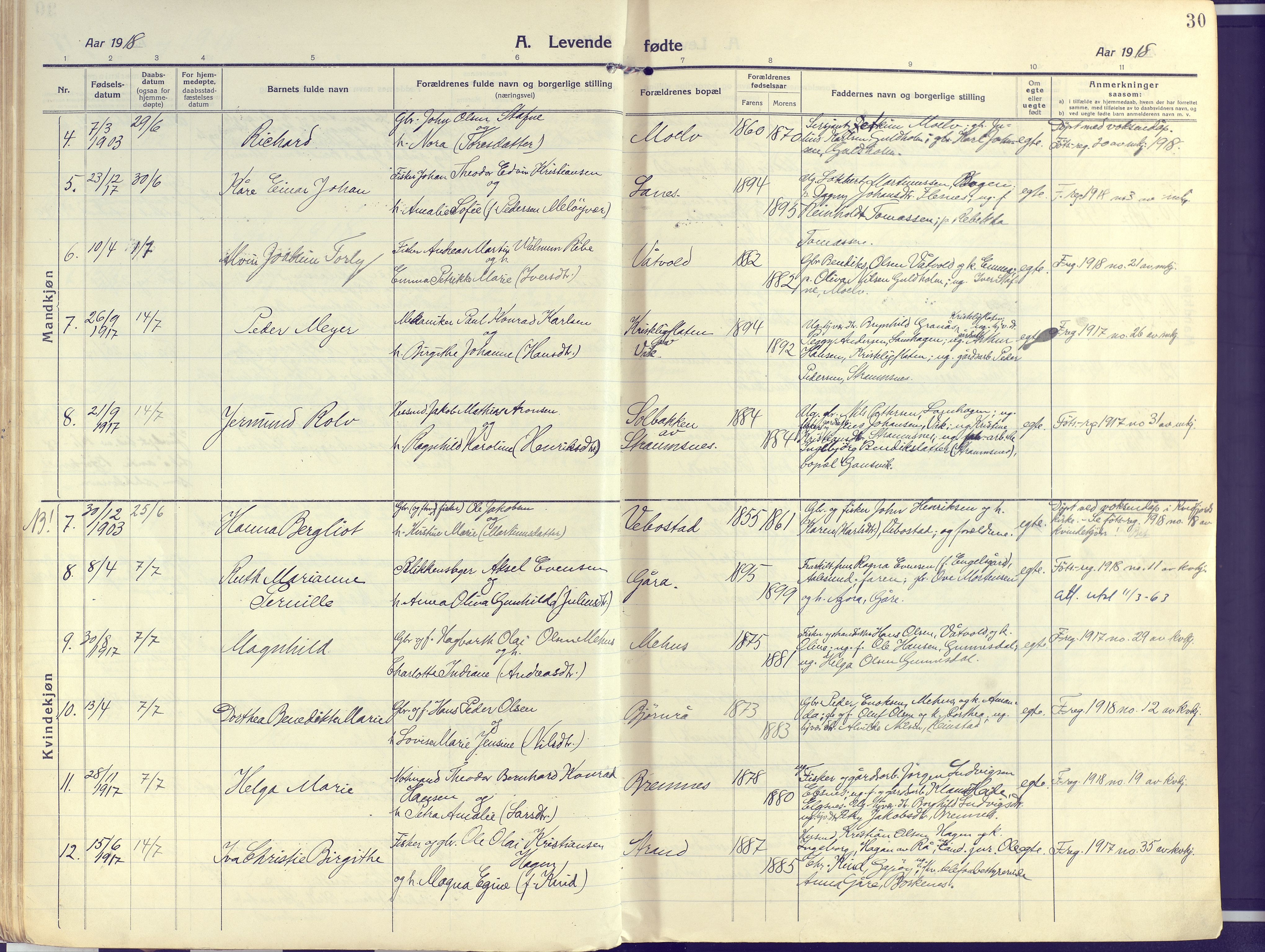 Kvæfjord sokneprestkontor, SATØ/S-1323/G/Ga/Gaa/L0007kirke: Parish register (official) no. 7, 1915-1931, p. 30