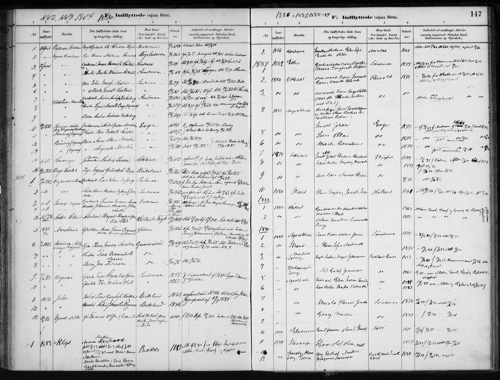 Sand sokneprestkontor, AV/SAST-A-101848/01/III/L0006: Parish register (official) no. A 6, 1880-1898, p. 147