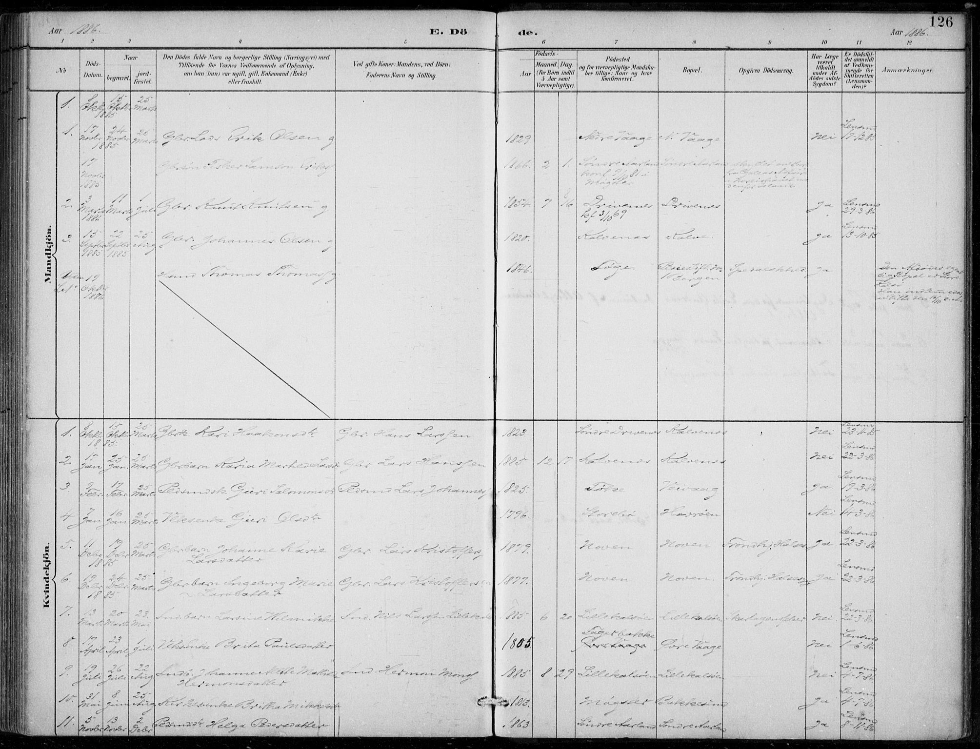 Sund sokneprestembete, AV/SAB-A-99930: Parish register (official) no. D 1, 1882-1899, p. 126