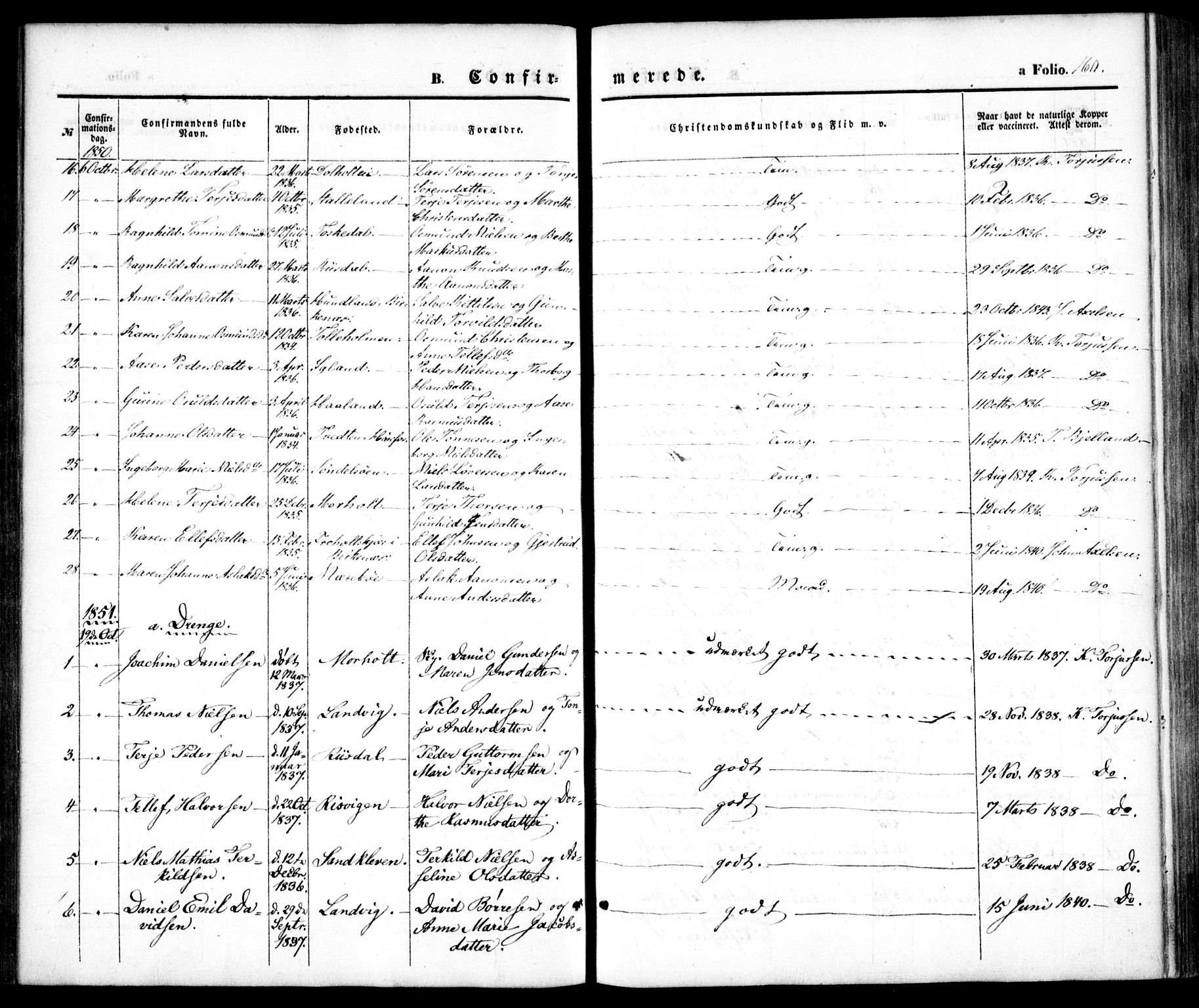 Hommedal sokneprestkontor, AV/SAK-1111-0023/F/Fa/Fab/L0004: Parish register (official) no. A 4, 1848-1860, p. 160