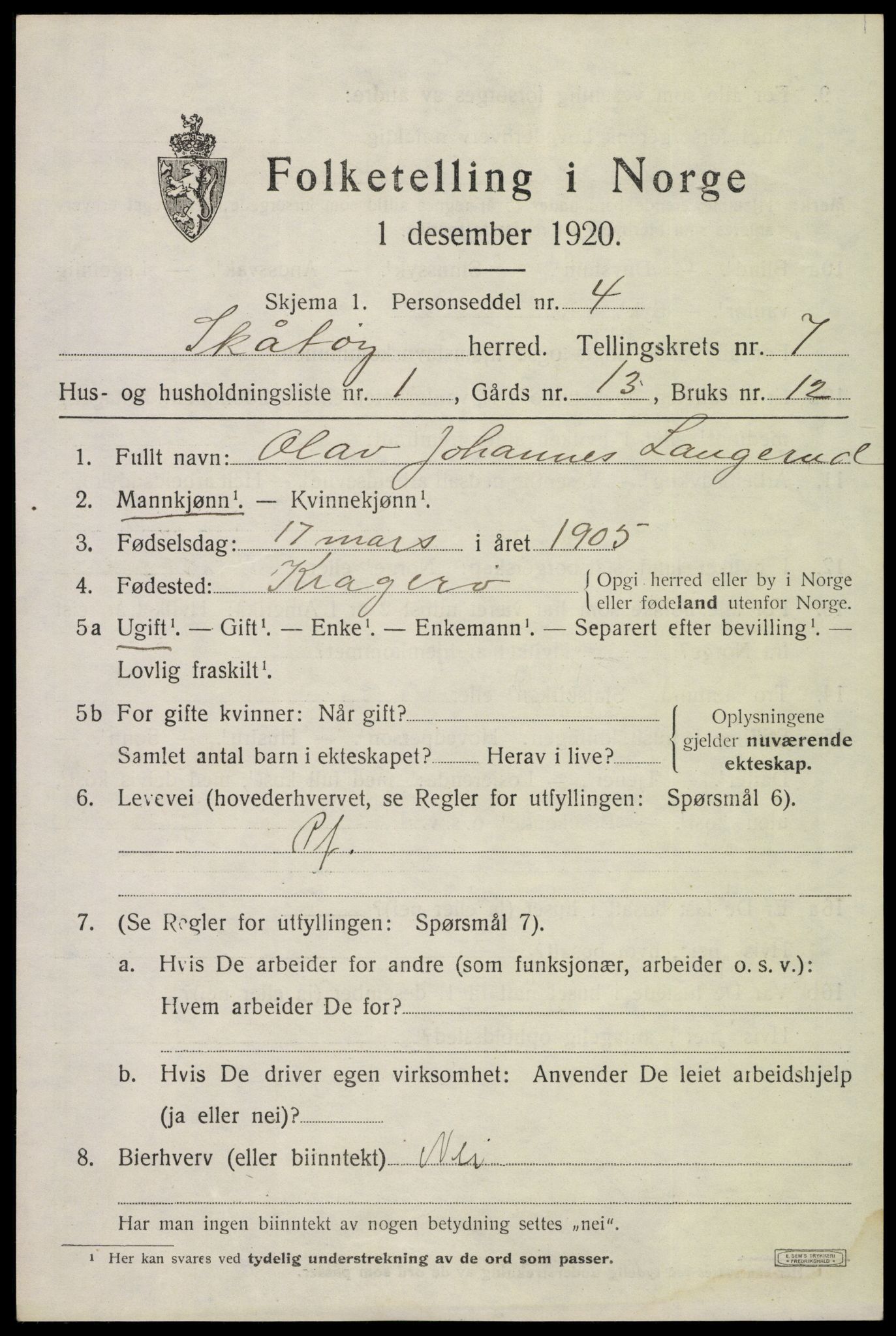 SAKO, 1920 census for Skåtøy, 1920, p. 5326