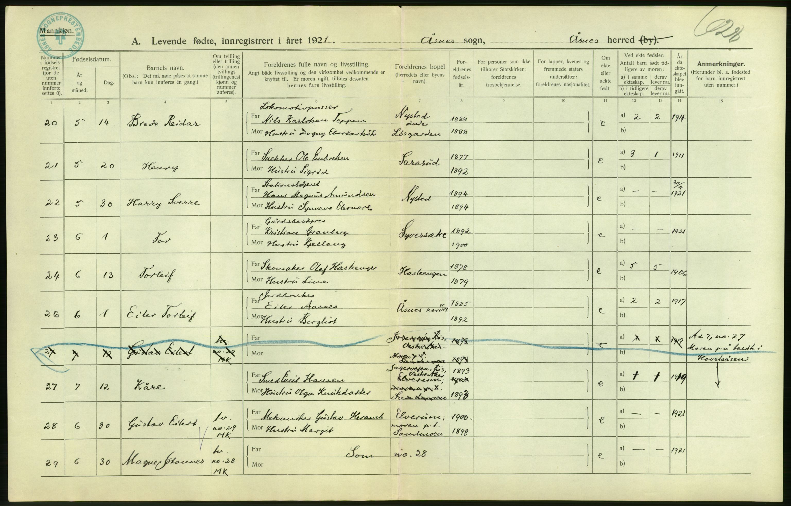 Statistisk sentralbyrå, Sosiodemografiske emner, Befolkning, RA/S-2228/D/Df/Dfc/Dfca/L0014: Hedemark fylke: Levendefødte menn og kvinner. Bygder., 1921, p. 8