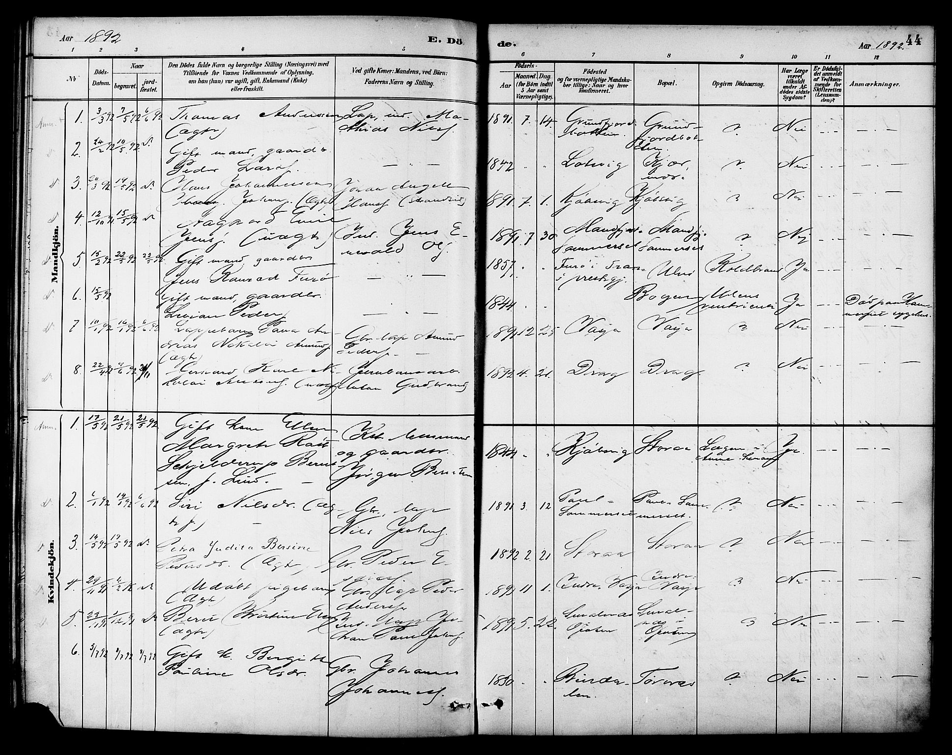 Ministerialprotokoller, klokkerbøker og fødselsregistre - Nordland, AV/SAT-A-1459/861/L0870: Parish register (official) no. 861A05, 1889-1903, p. 44