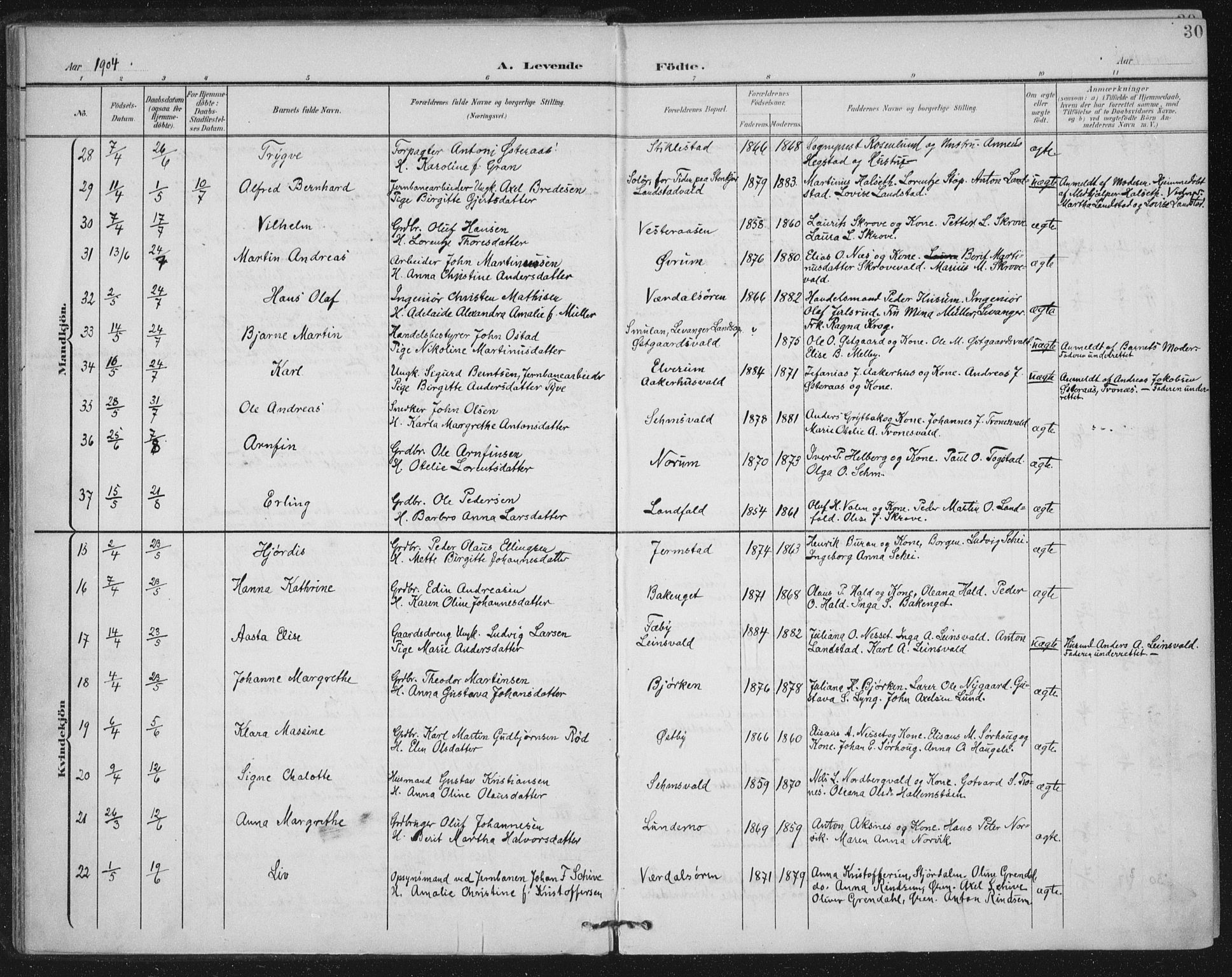 Ministerialprotokoller, klokkerbøker og fødselsregistre - Nord-Trøndelag, AV/SAT-A-1458/723/L0246: Parish register (official) no. 723A15, 1900-1917, p. 30