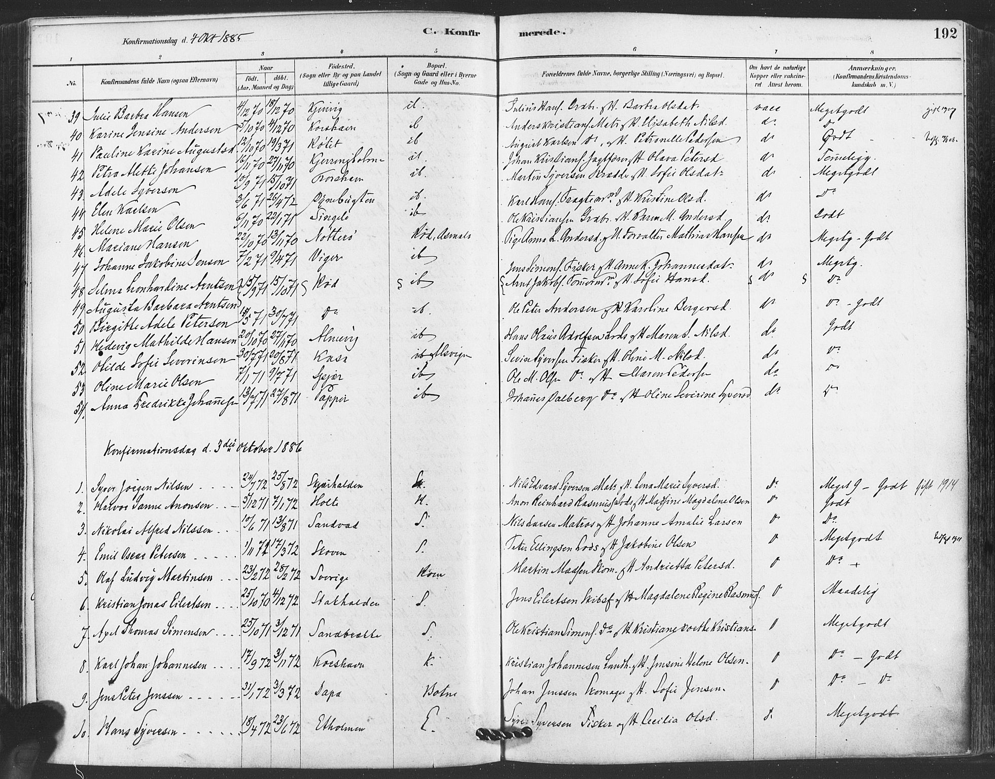 Hvaler prestekontor Kirkebøker, AV/SAO-A-2001/F/Fa/L0008: Parish register (official) no. I 8, 1878-1895, p. 192