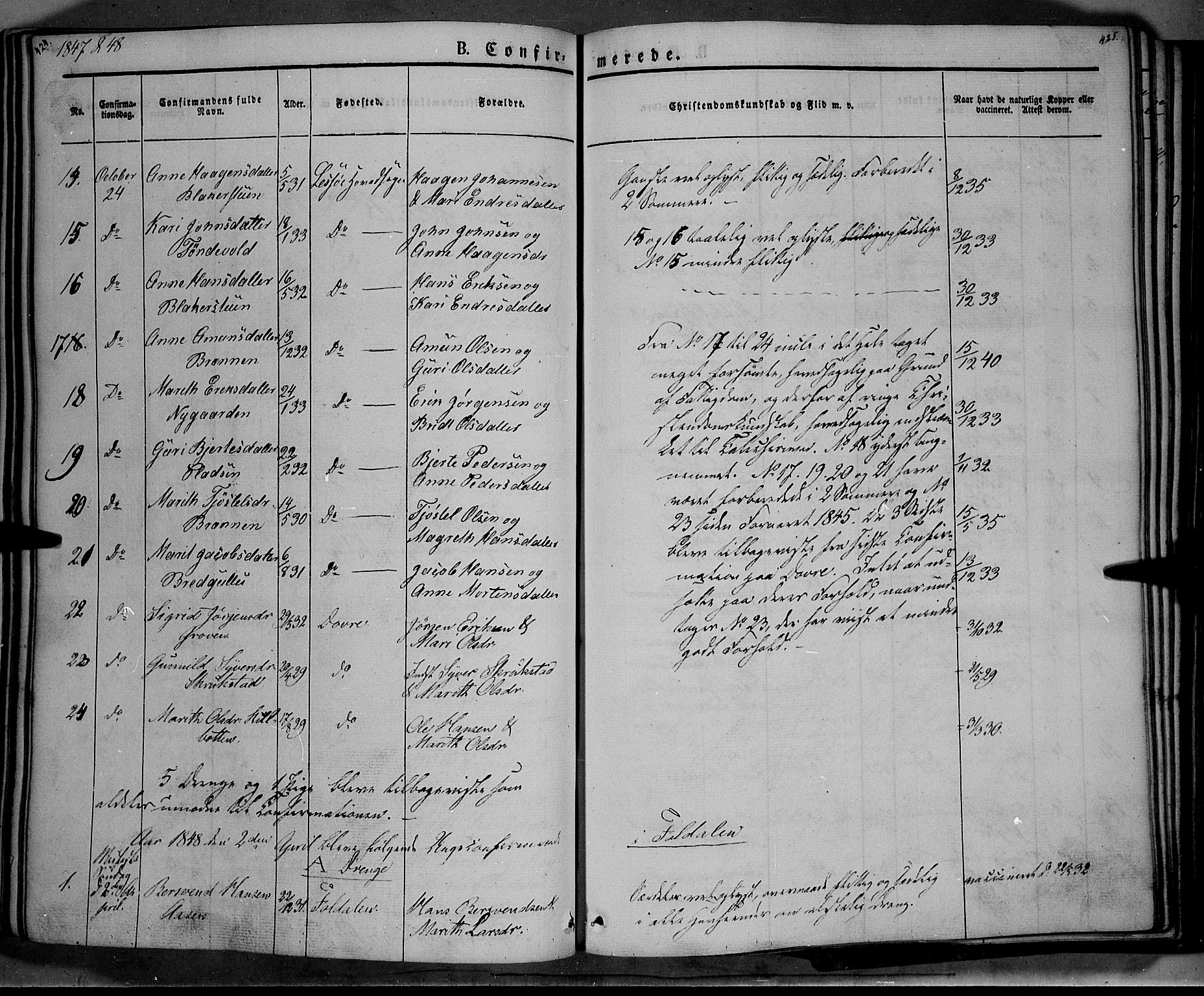 Lesja prestekontor, SAH/PREST-068/H/Ha/Haa/L0006: Parish register (official) no. 6A, 1843-1854, p. 424-425