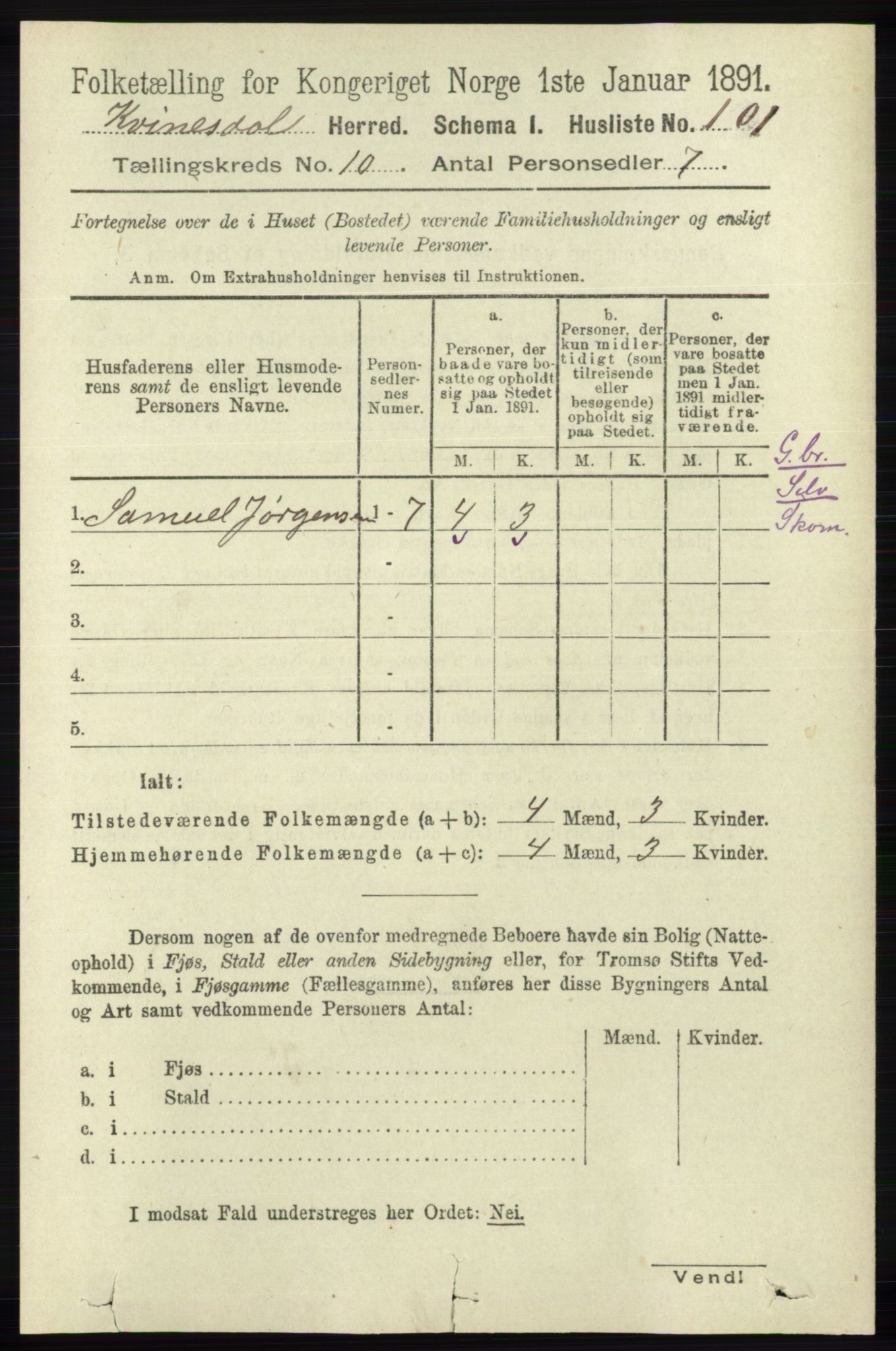 RA, 1891 census for 1037 Kvinesdal, 1891, p. 3854