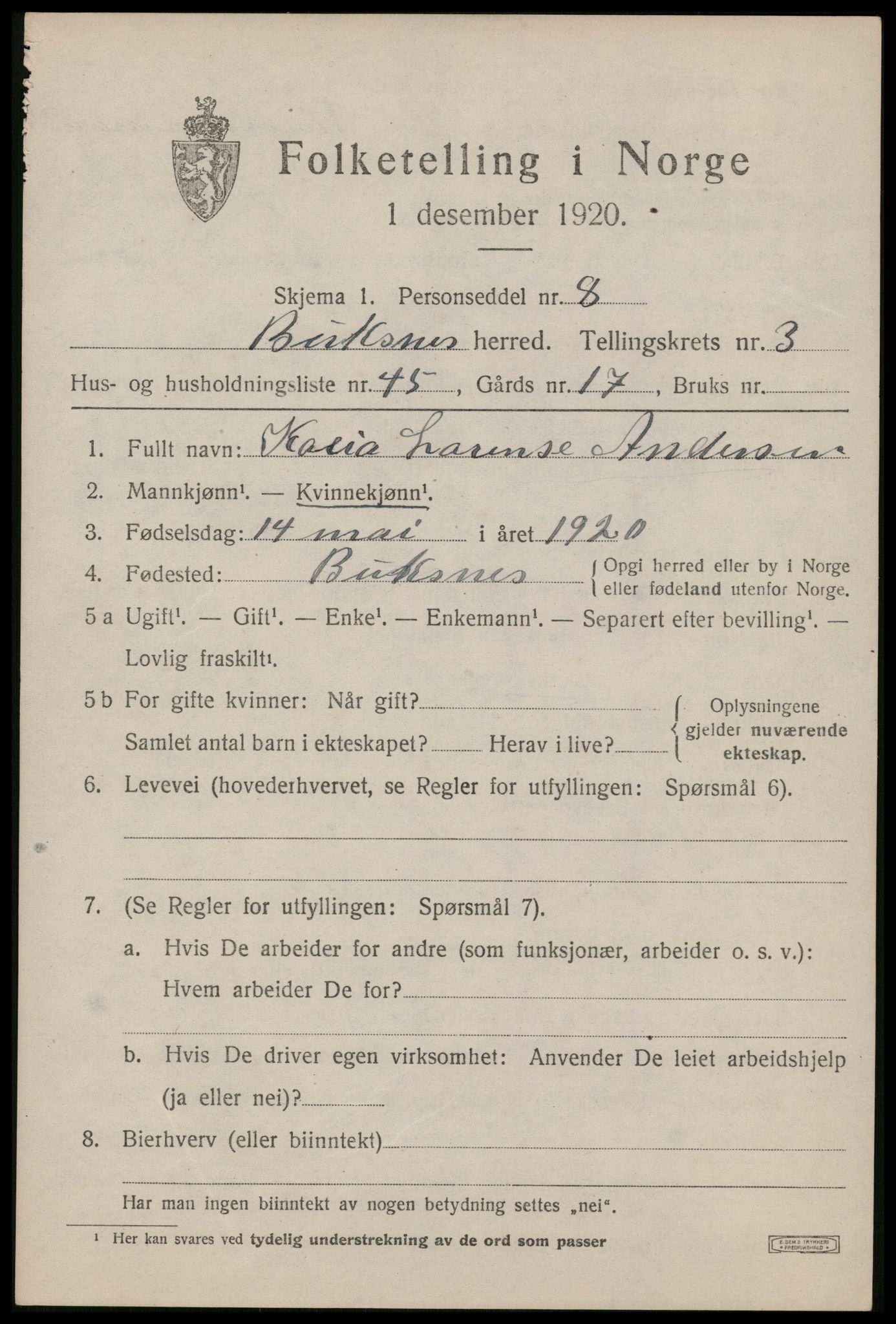 SAT, 1920 census for Buksnes, 1920, p. 3931