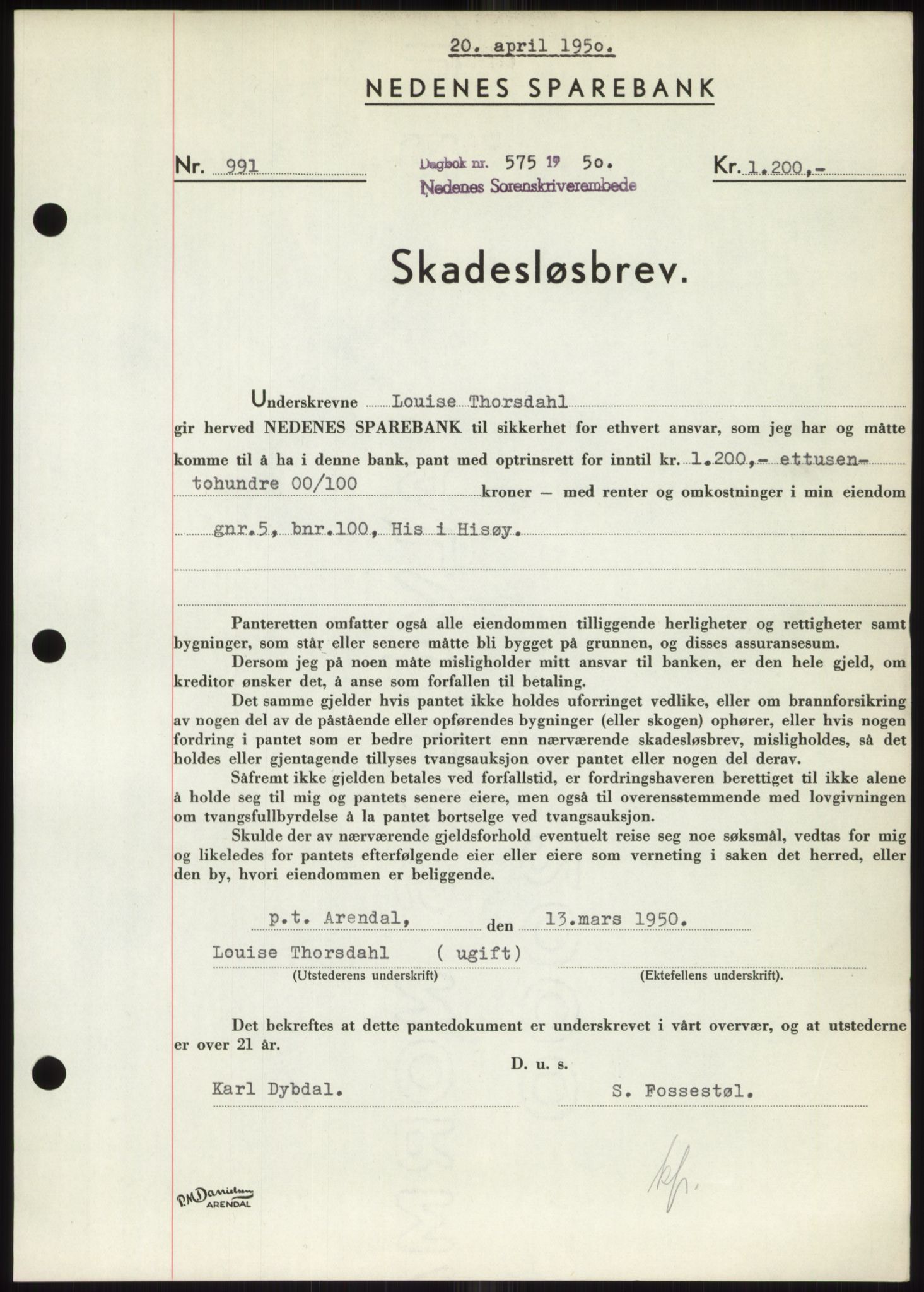 Nedenes sorenskriveri, AV/SAK-1221-0006/G/Gb/Gbb/L0007: Mortgage book no. B7, 1949-1950, Diary no: : 575/1950