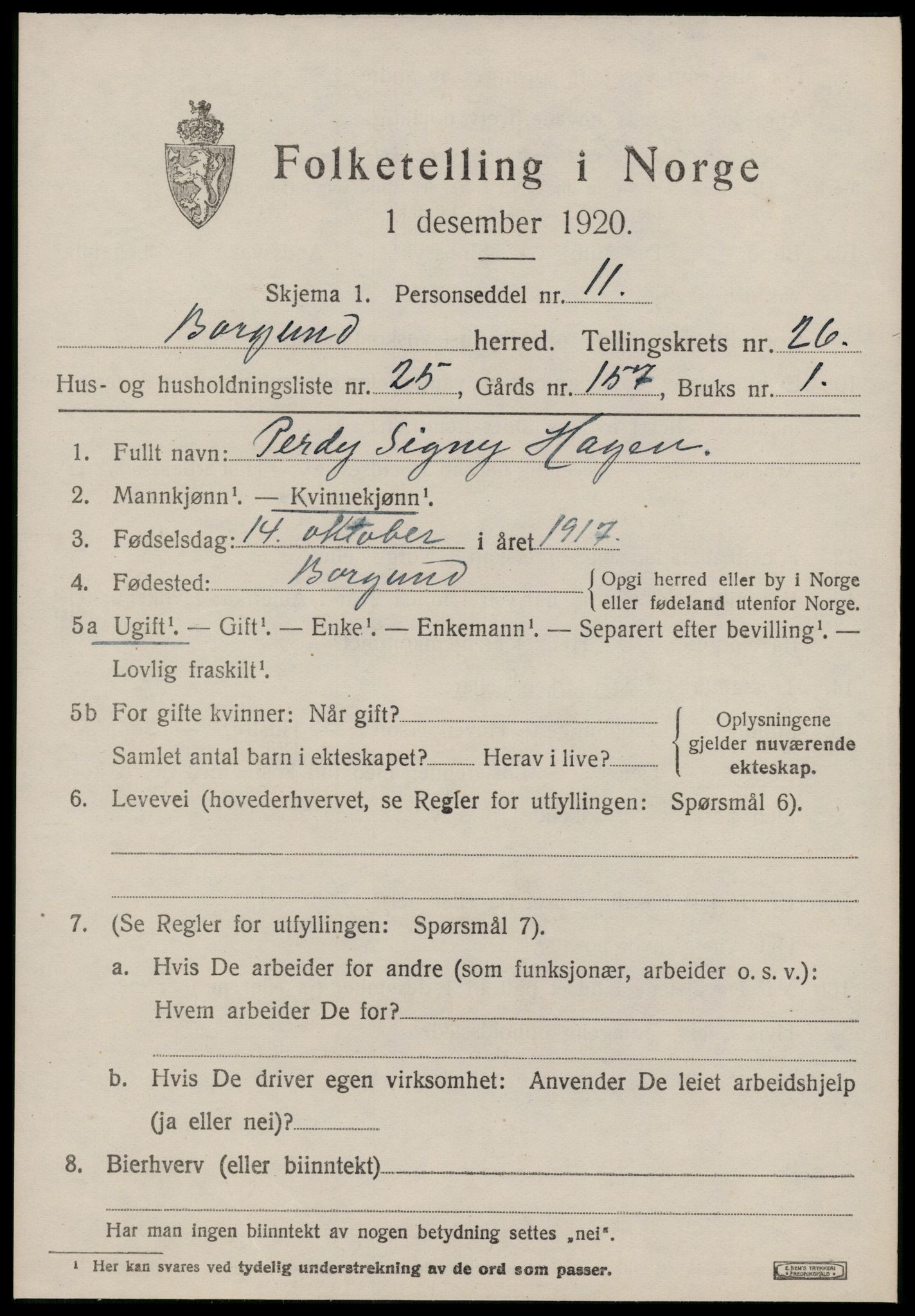 SAT, 1920 census for Borgund, 1920, p. 17704