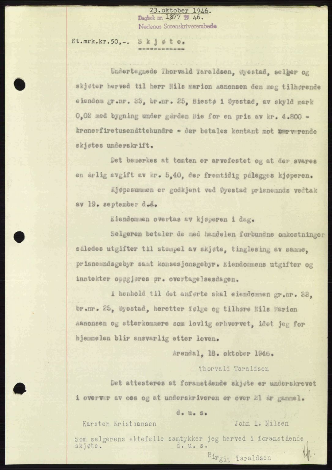 Nedenes sorenskriveri, SAK/1221-0006/G/Gb/Gba/L0056: Mortgage book no. A8, 1946-1947, Diary no: : 1377/1946