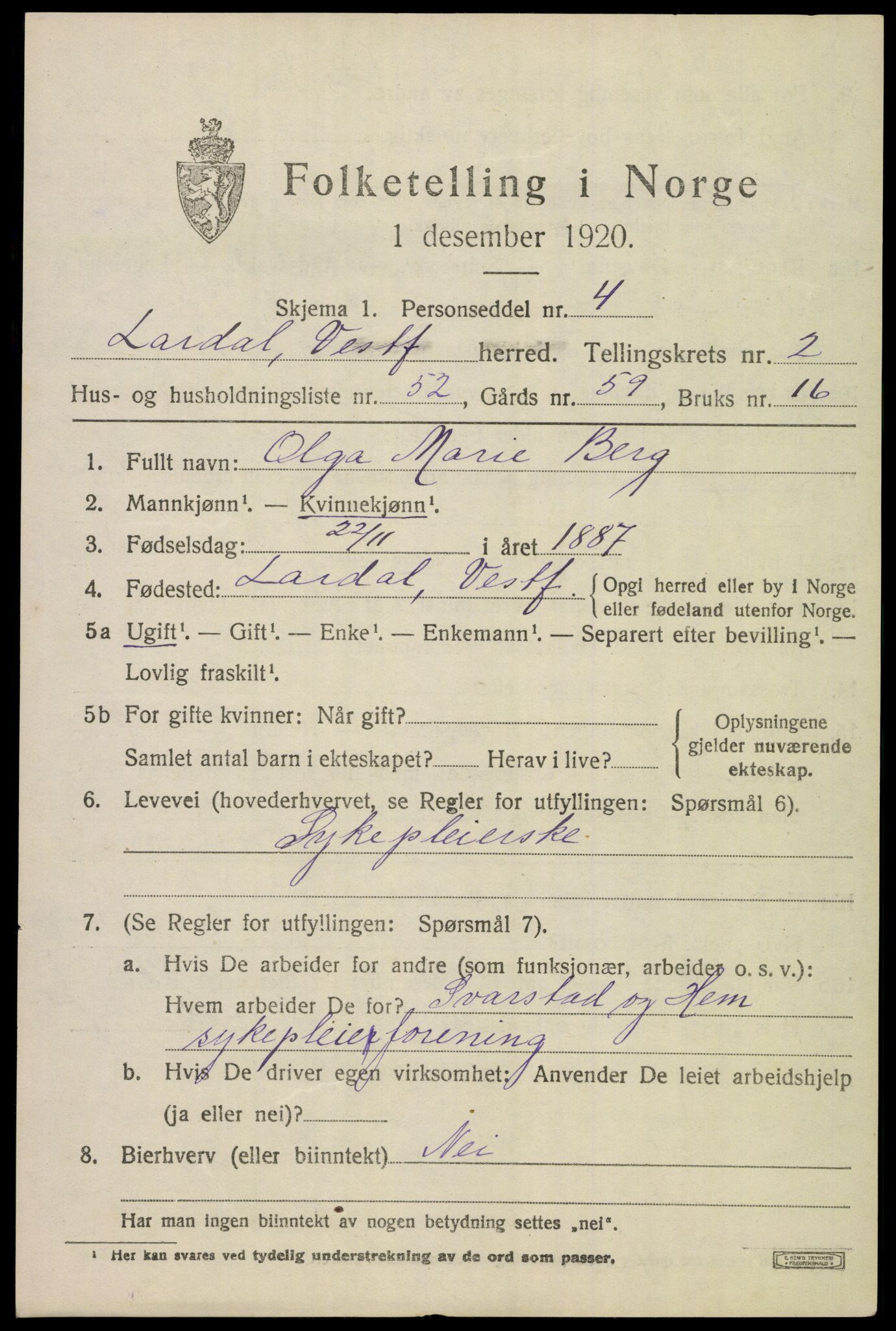 SAKO, 1920 census for Lardal, 1920, p. 2531