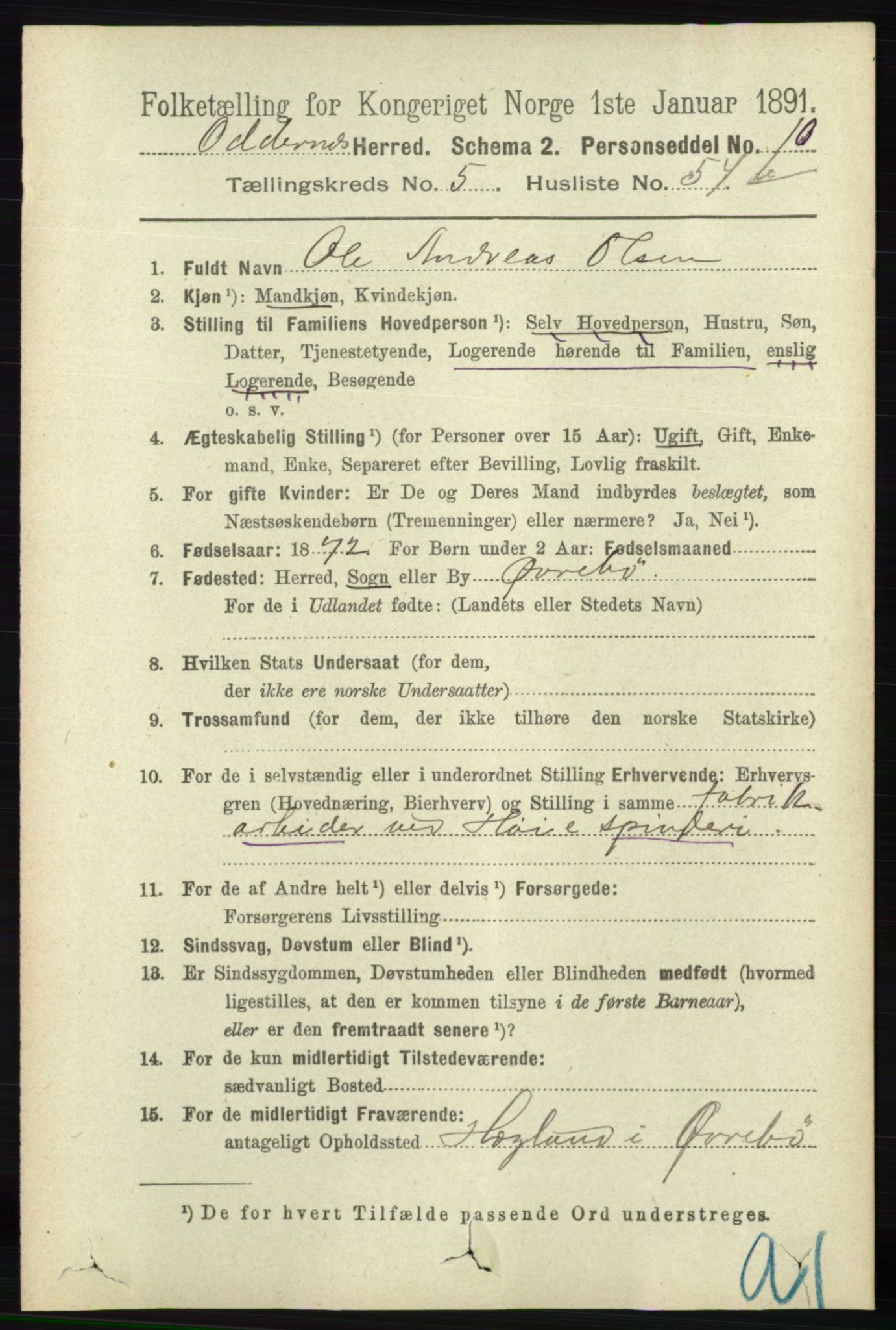 RA, 1891 census for 1012 Oddernes, 1891, p. 2143
