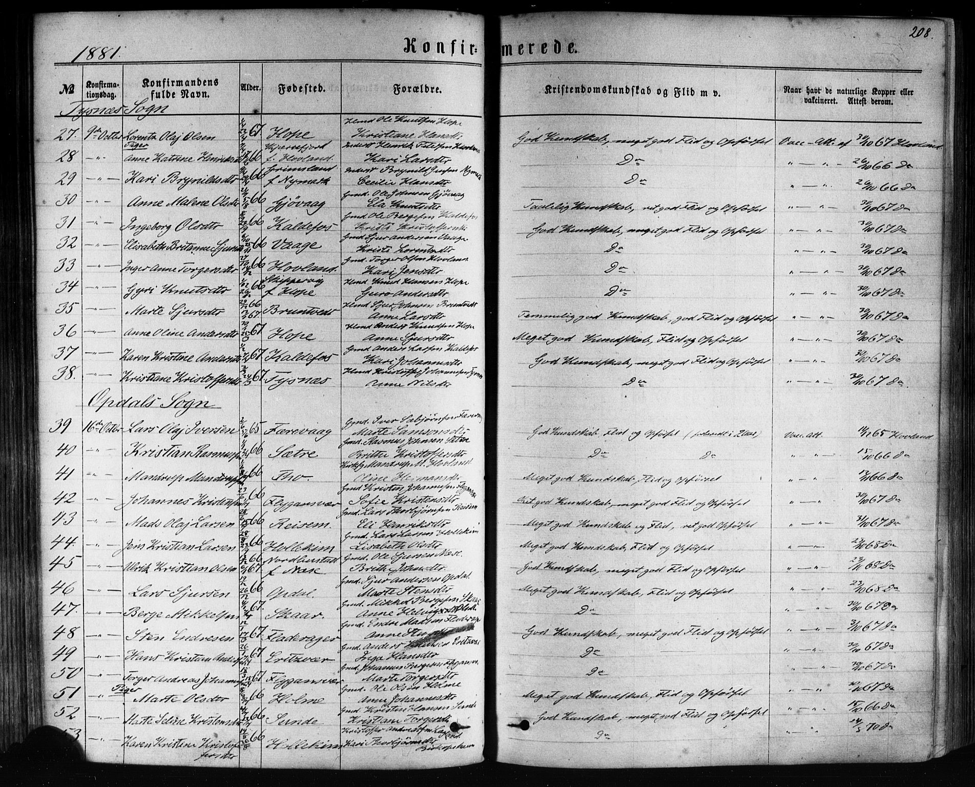 Tysnes sokneprestembete, AV/SAB-A-78601/H/Haa: Parish register (official) no. A 12, 1872-1886, p. 208