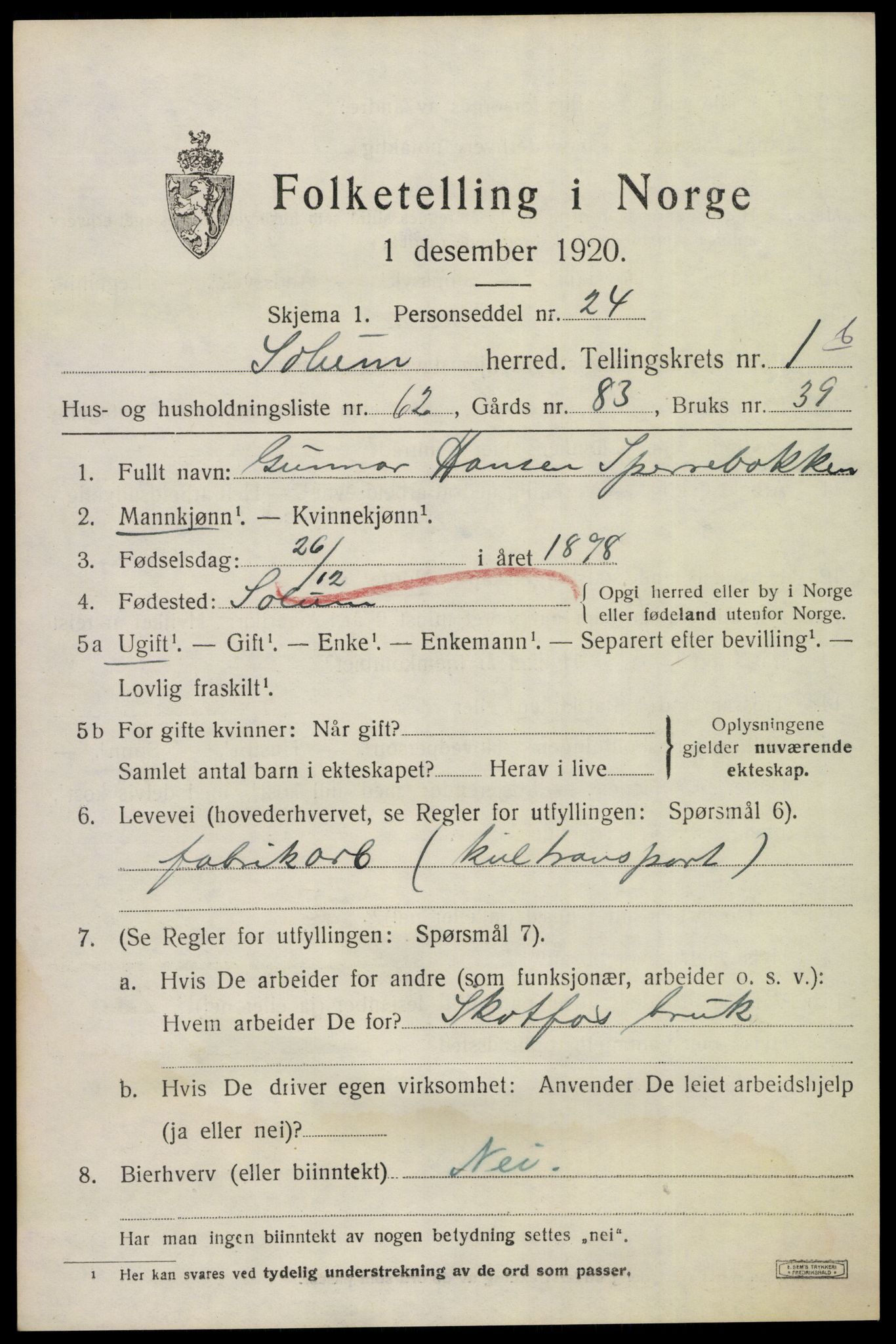 SAKO, 1920 census for Solum, 1920, p. 5588