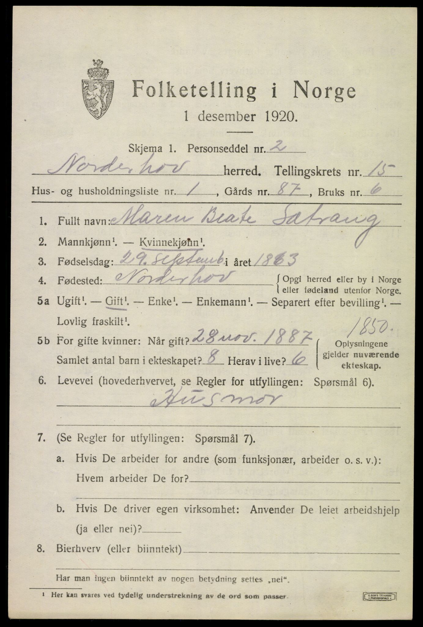 SAKO, 1920 census for Norderhov, 1920, p. 16186