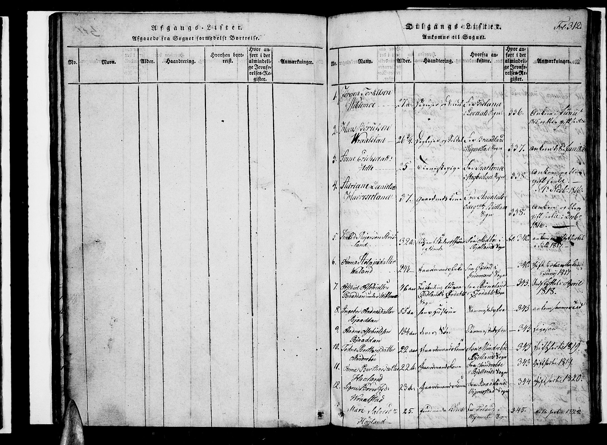 Nord-Audnedal sokneprestkontor, SAK/1111-0032/F/Fb/Fba/L0001: Parish register (copy) no. B 1, 1815-1856, p. 312