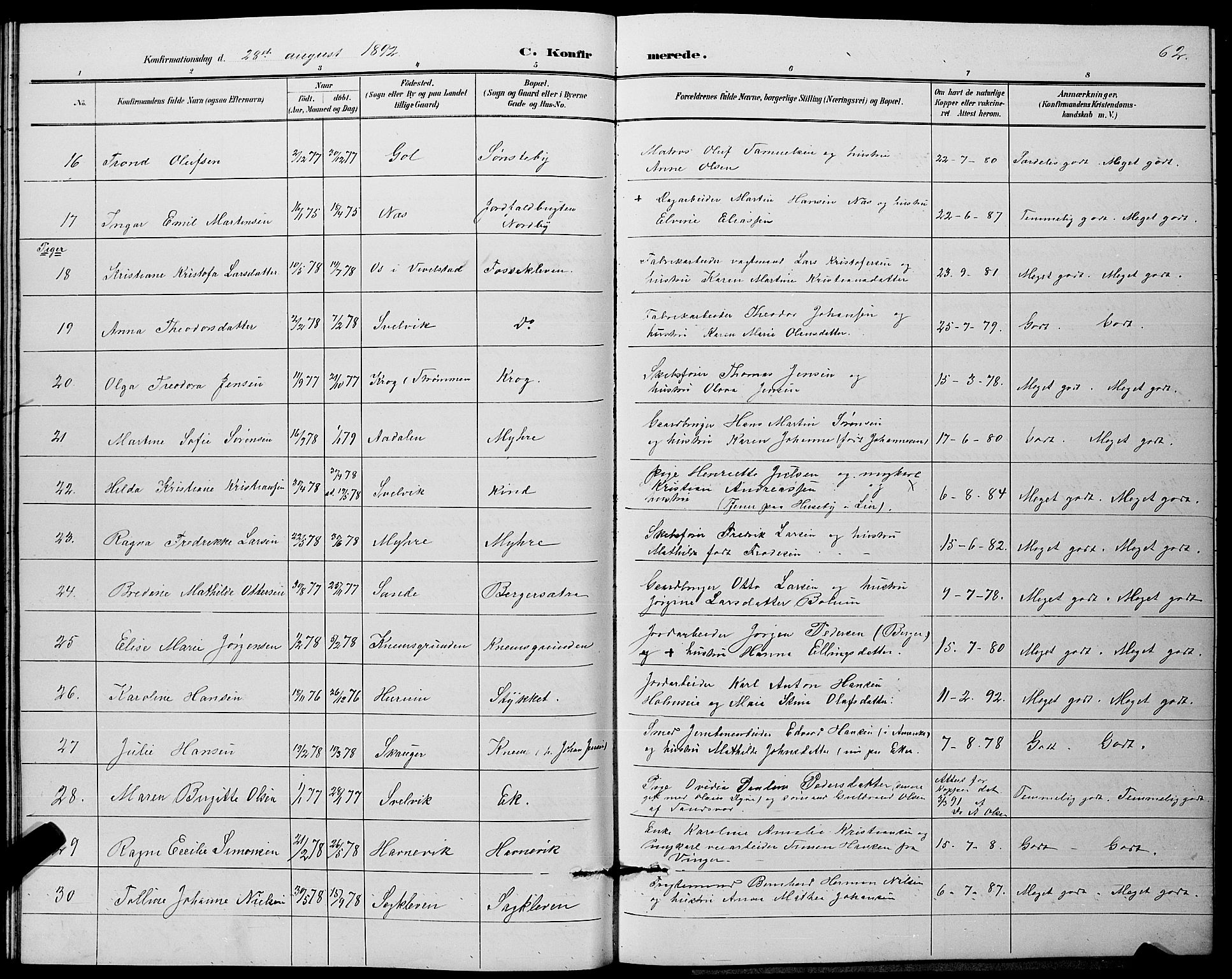 Strømm kirkebøker, AV/SAKO-A-322/G/Ga/L0003: Parish register (copy) no. I 3, 1889-1896, p. 62