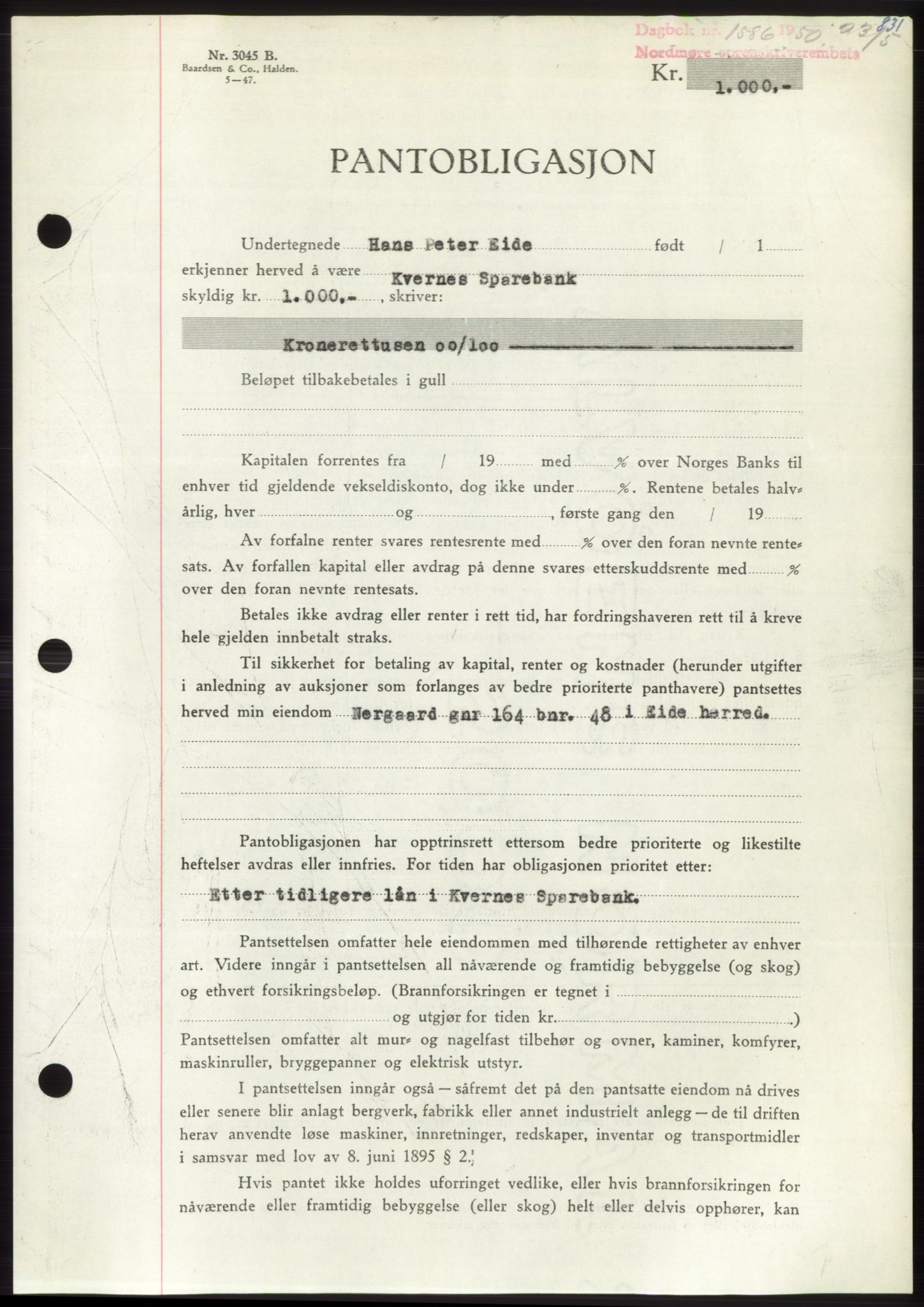 Nordmøre sorenskriveri, AV/SAT-A-4132/1/2/2Ca: Mortgage book no. B104, 1950-1950, Diary no: : 1586/1950