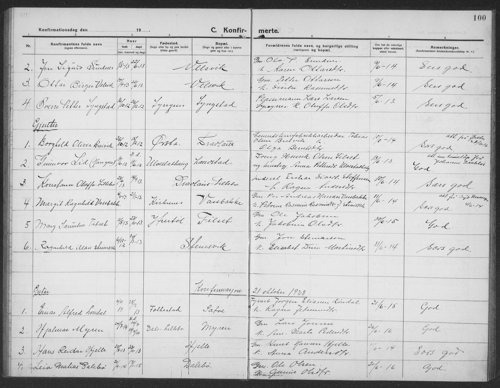 Ministerialprotokoller, klokkerbøker og fødselsregistre - Møre og Romsdal, AV/SAT-A-1454/512/L0169: Parish register (copy) no. 512C01, 1910-1935, p. 100