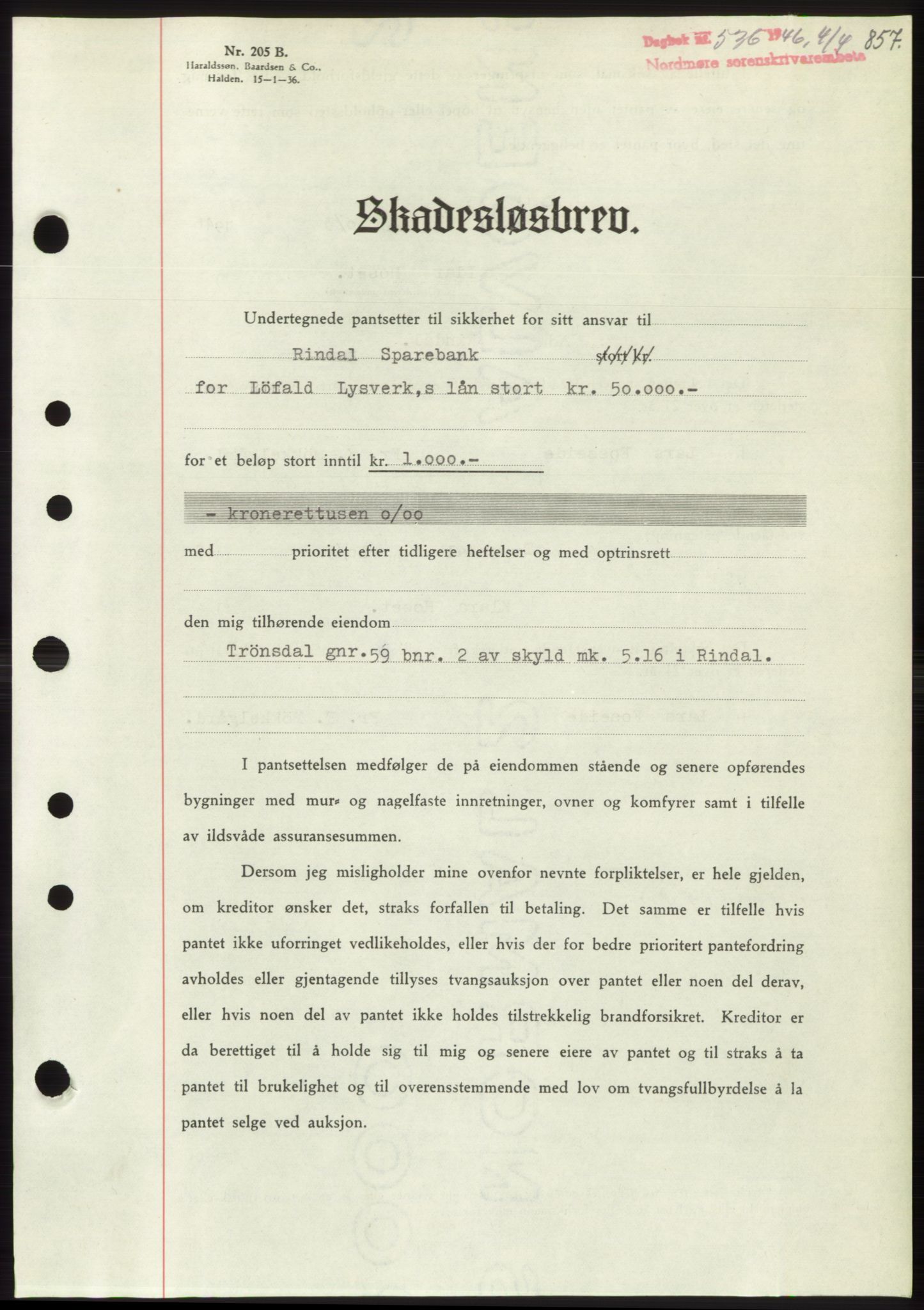 Nordmøre sorenskriveri, AV/SAT-A-4132/1/2/2Ca: Mortgage book no. B93b, 1946-1946, Diary no: : 536/1946