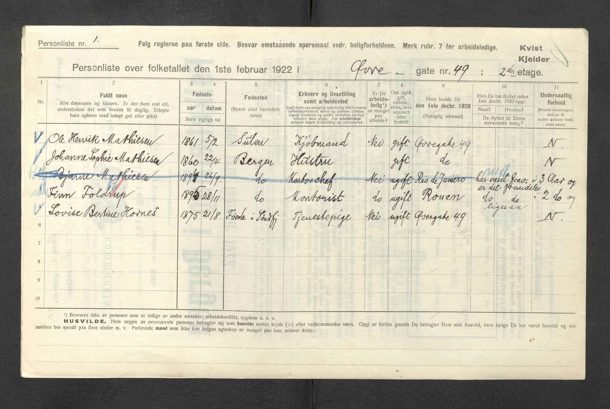 SAB, Municipal Census 1922 for Bergen, 1922, p. 49370