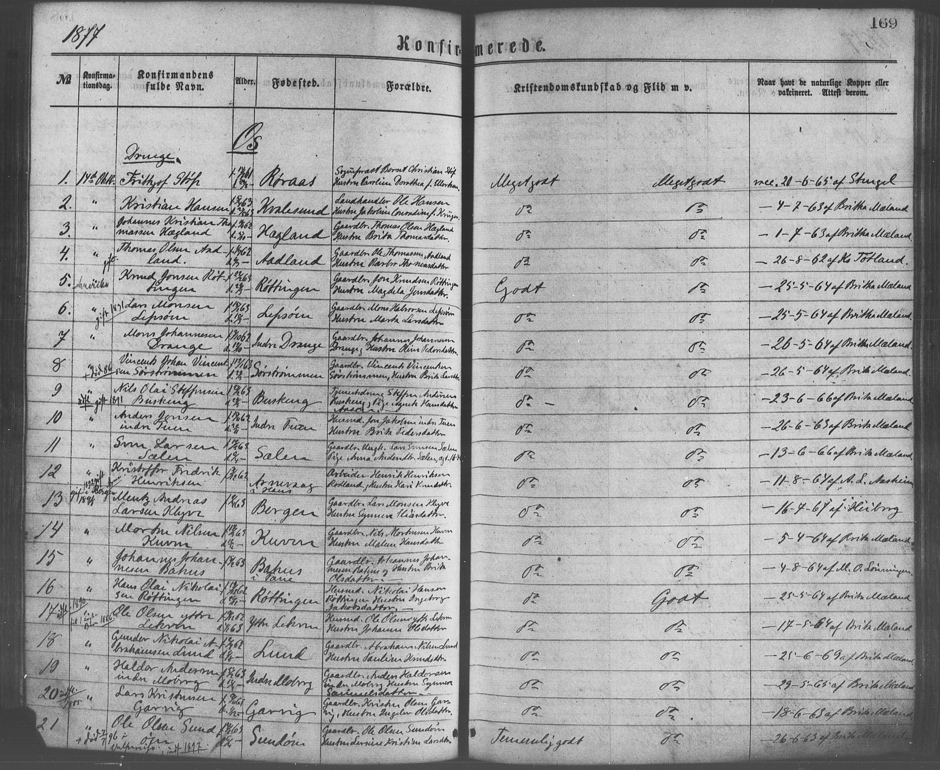 Os sokneprestembete, SAB/A-99929: Parish register (official) no. A 18, 1874-1884, p. 169