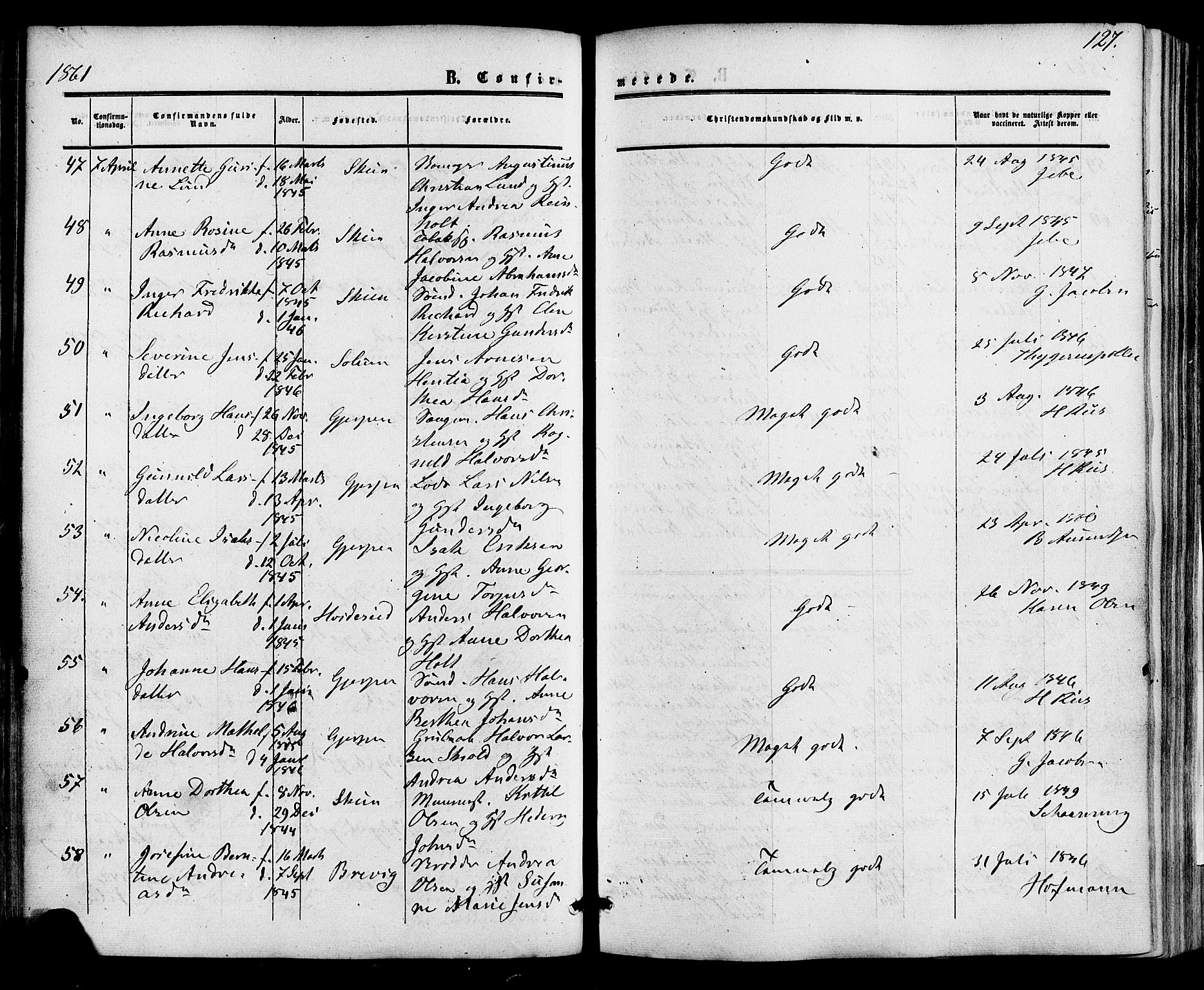 Skien kirkebøker, AV/SAKO-A-302/F/Fa/L0007: Parish register (official) no. 7, 1856-1865, p. 127