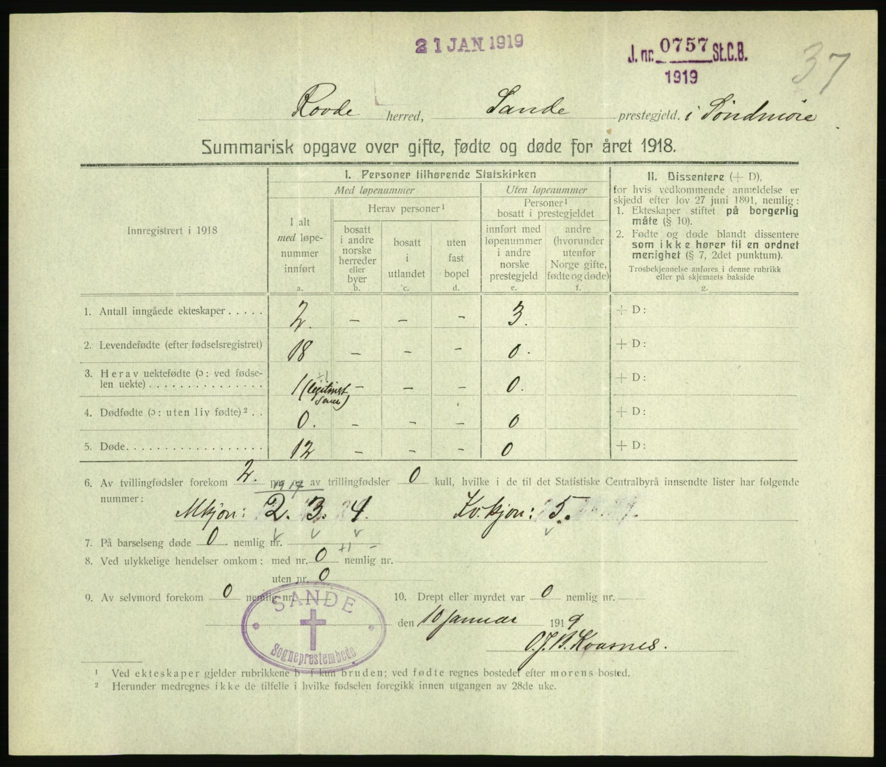 Statistisk sentralbyrå, Sosiodemografiske emner, Befolkning, RA/S-2228/D/Df/Dfb/Dfbh/L0059: Summariske oppgaver over gifte, fødte og døde for hele landet., 1918, p. 1117